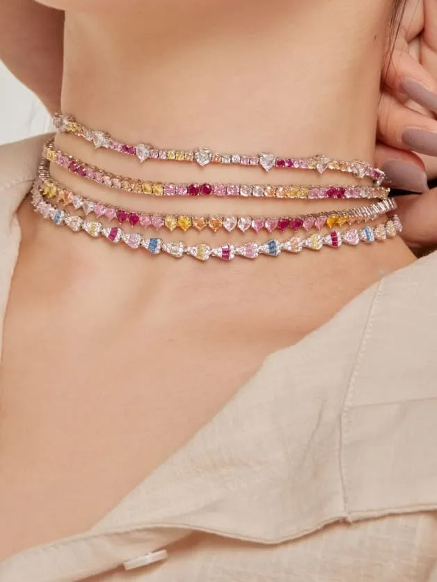 Pink Colorful Tennis Necklace Choker, Zircon .925 Sterling Silver Statement Choker Necklace