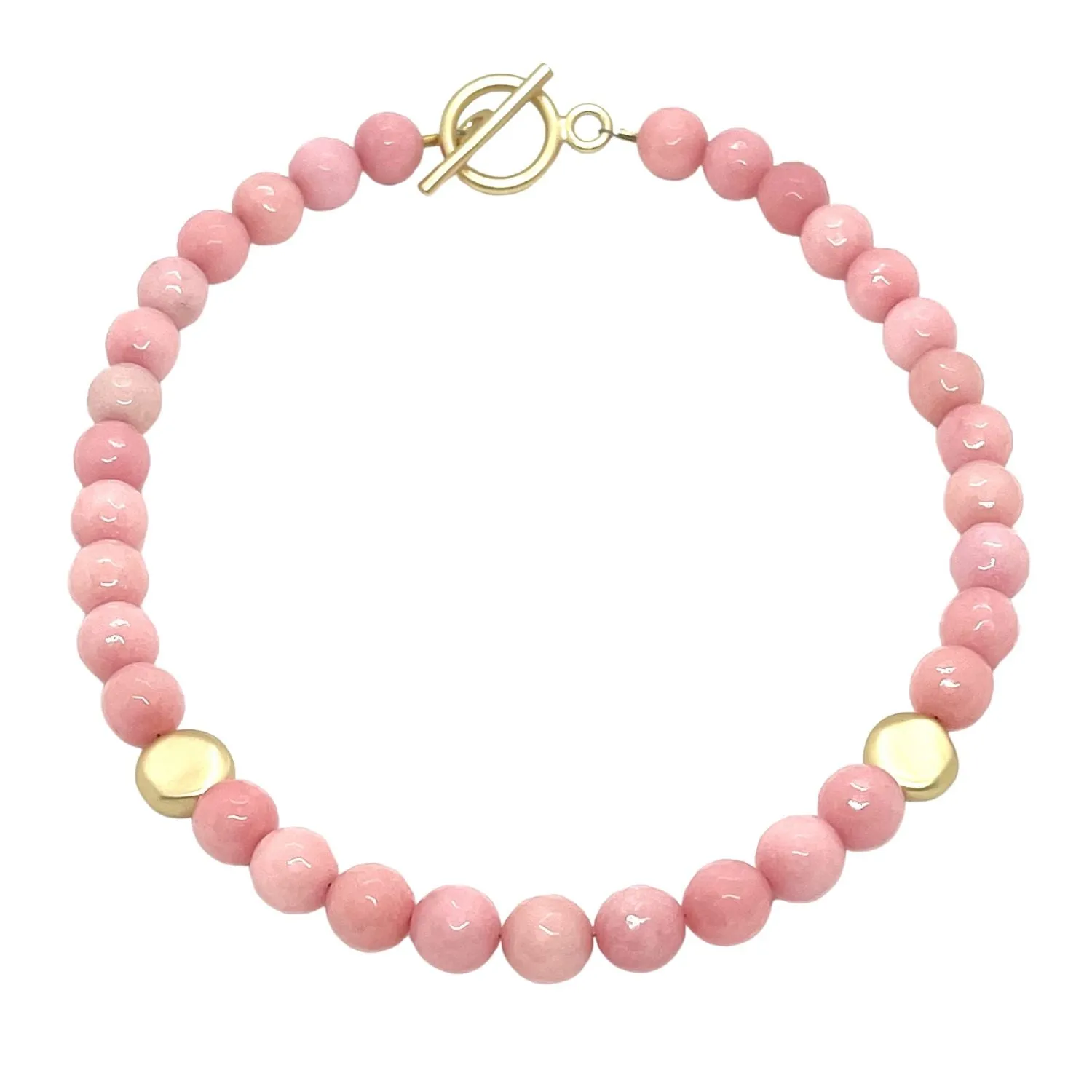 Pink Coral Jade With Matte Gold Flat Bead Necklace