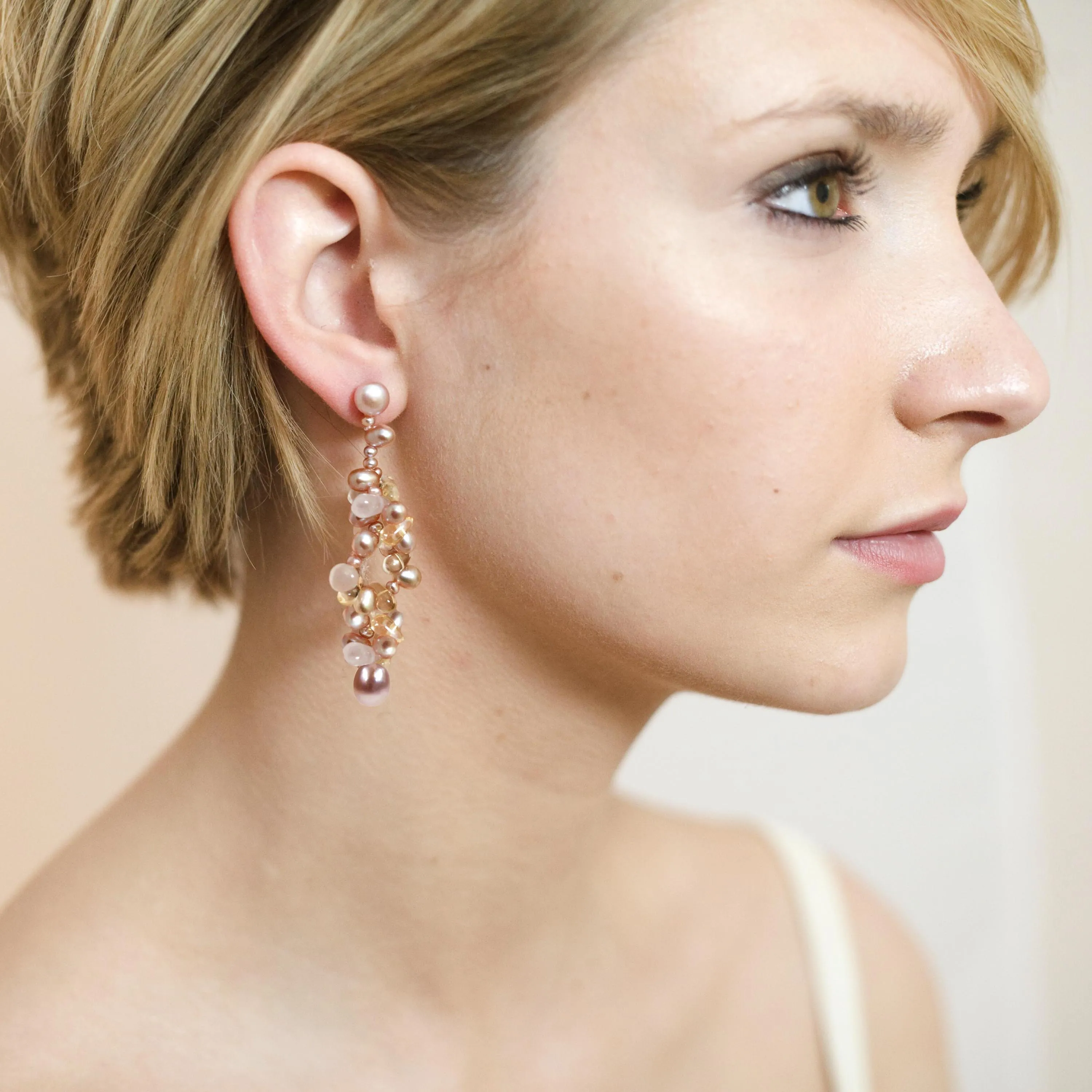 Pink Freshwater Pearl, Citrine & Rose Quartz Drop Earrings