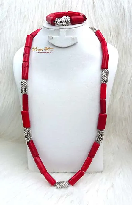 PrestigeApplause Men Red Coral with Silver Accessories Beads Groom Wedding Party Necklace Bracelet Jewellery Set