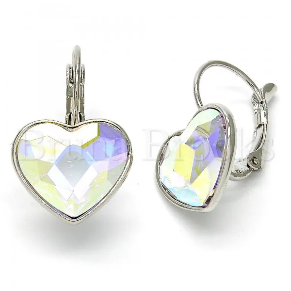 Rhodium Plated Leverback Earring, Heart Design, with Swarovski Crystals, Rhodium Tone