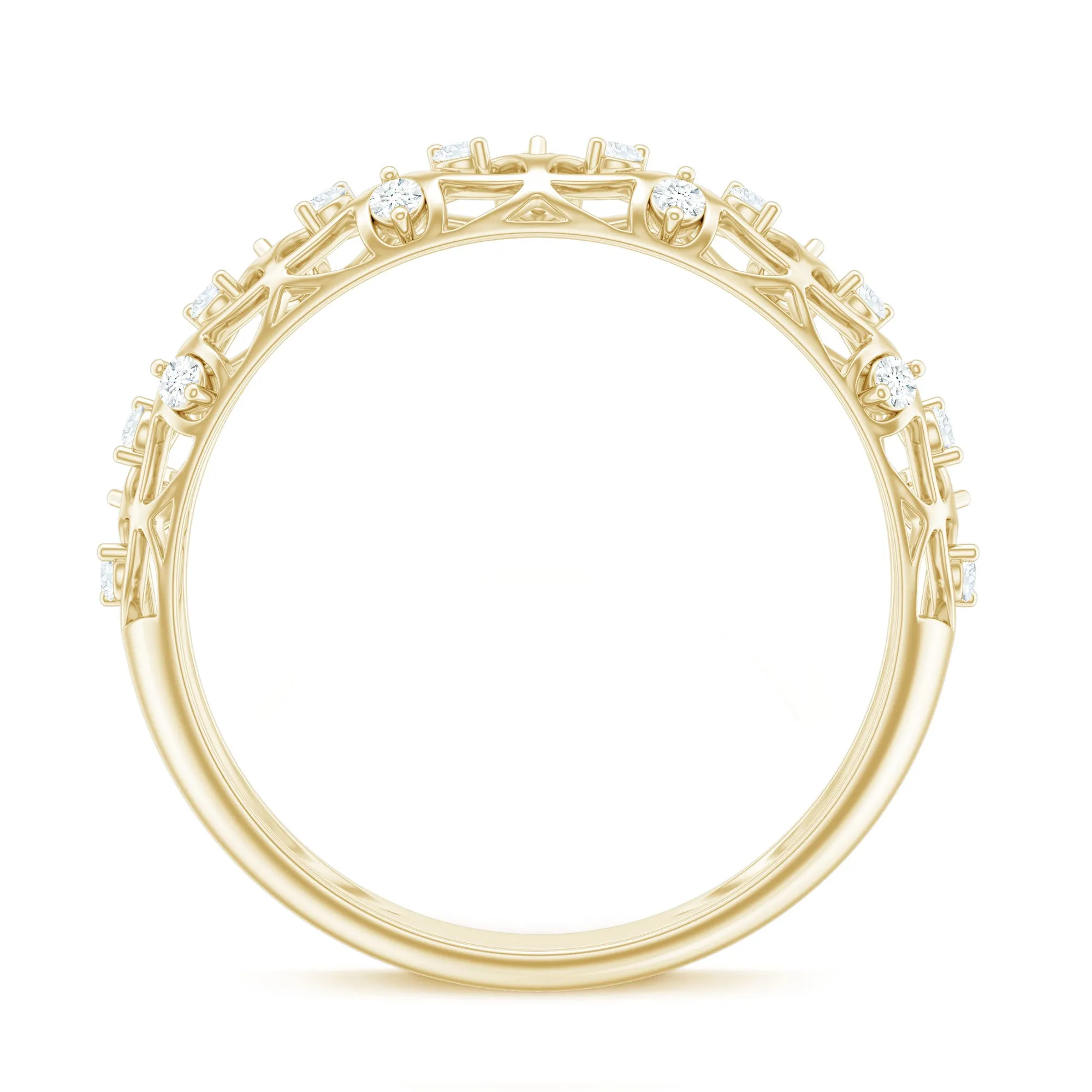 Round Zircon Semi Eternity Band Ring with Gold Filigree Details