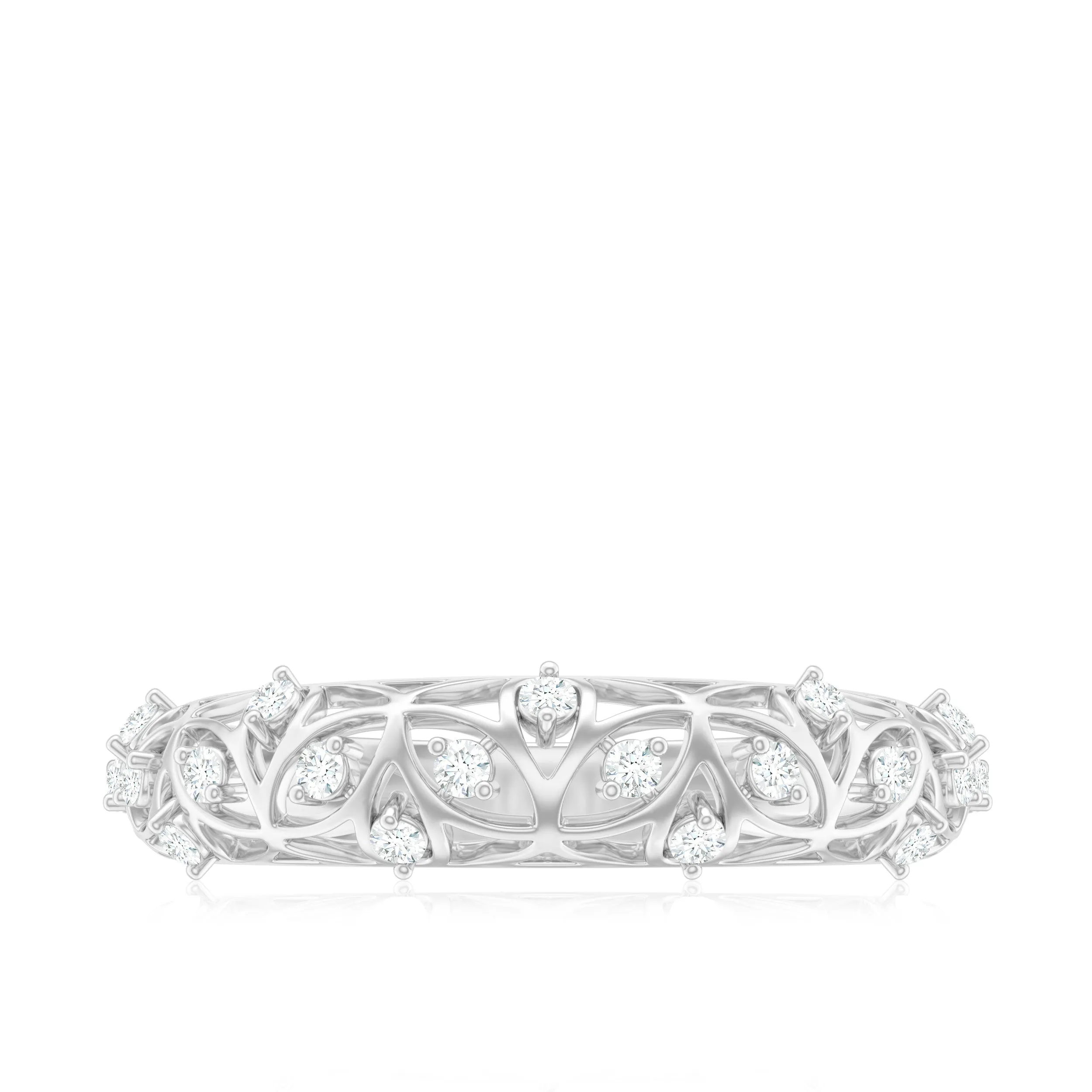 Round Zircon Semi Eternity Band Ring with Gold Filigree Details