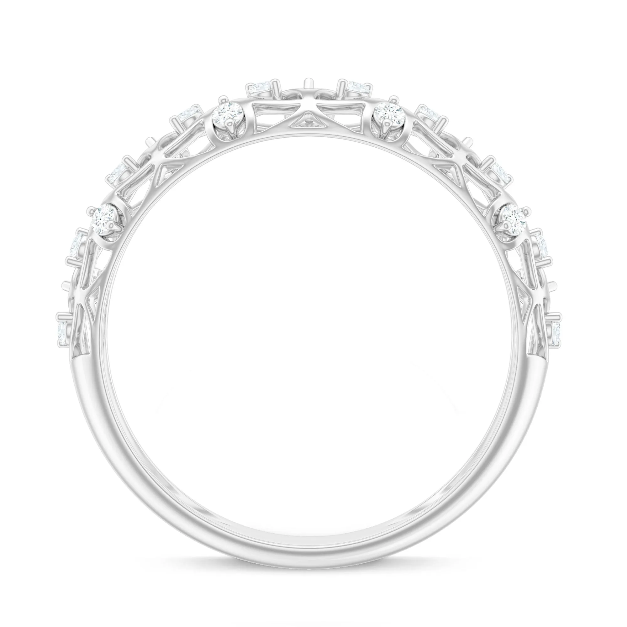 Round Zircon Semi Eternity Band Ring with Gold Filigree Details