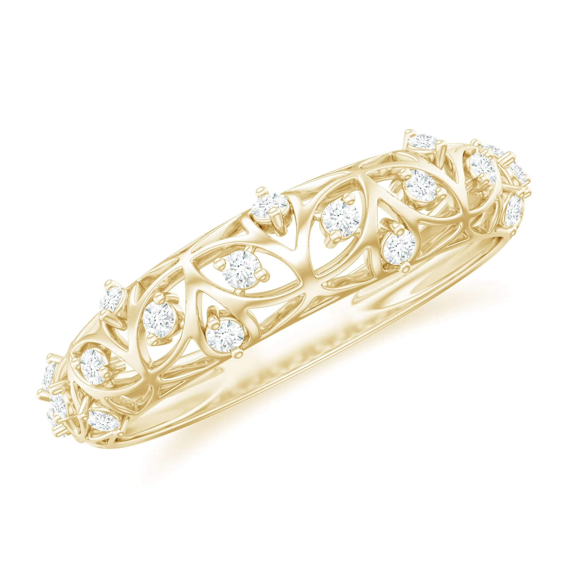 Round Zircon Semi Eternity Band Ring with Gold Filigree Details