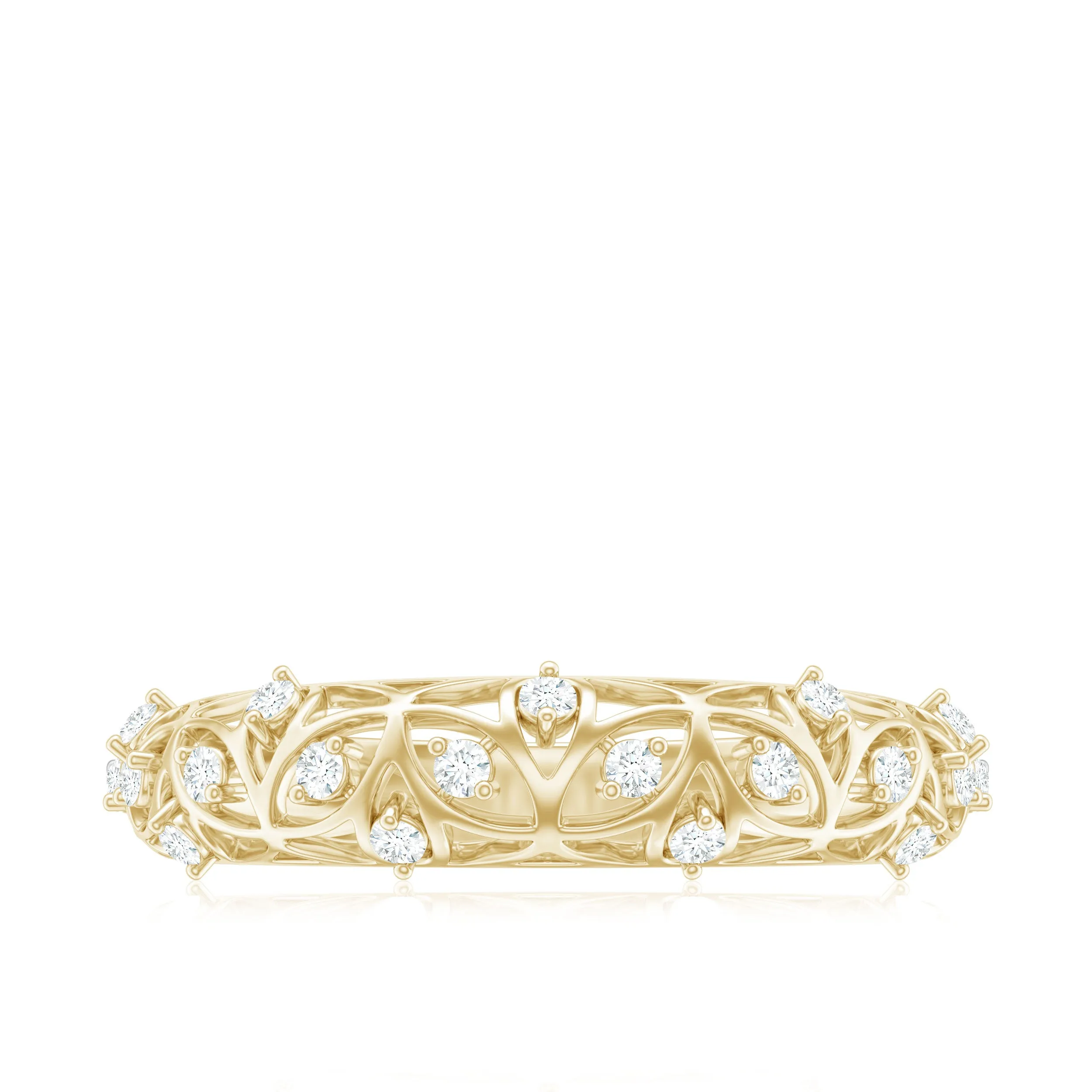 Round Zircon Semi Eternity Band Ring with Gold Filigree Details