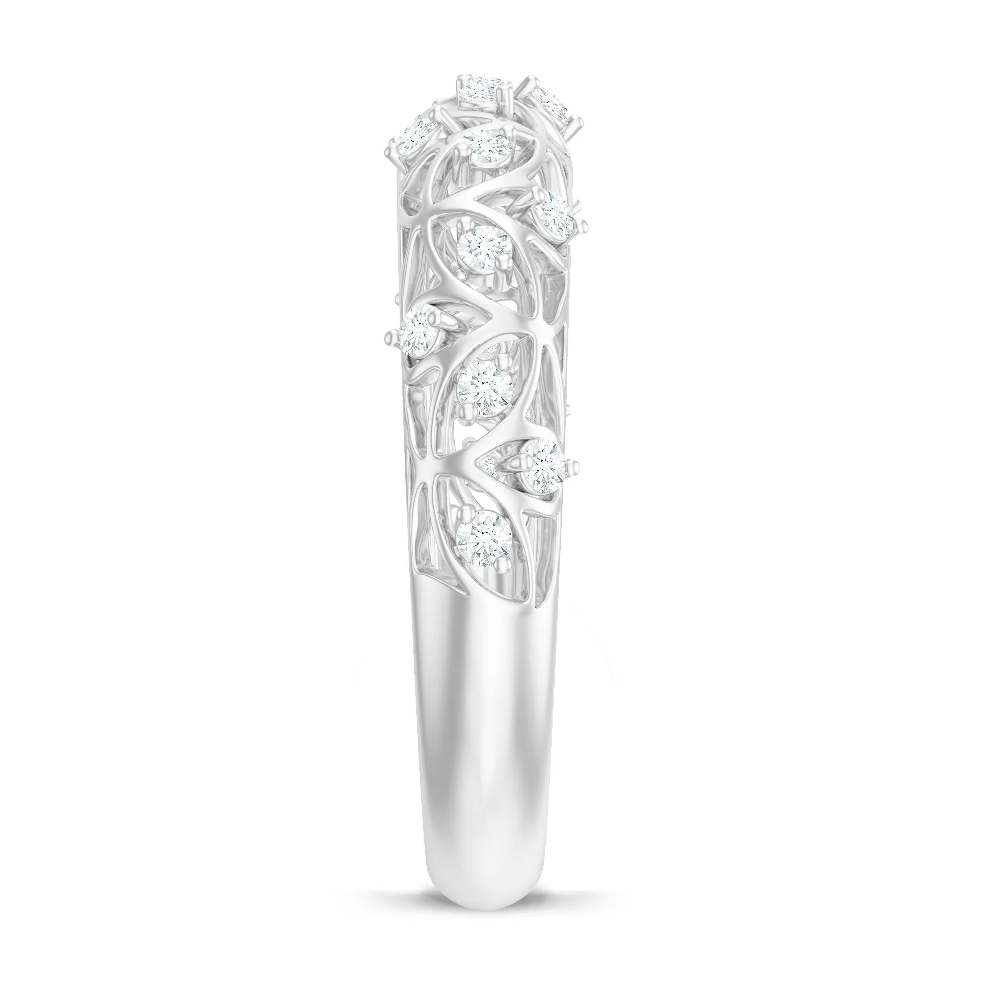 Round Zircon Semi Eternity Band Ring with Gold Filigree Details