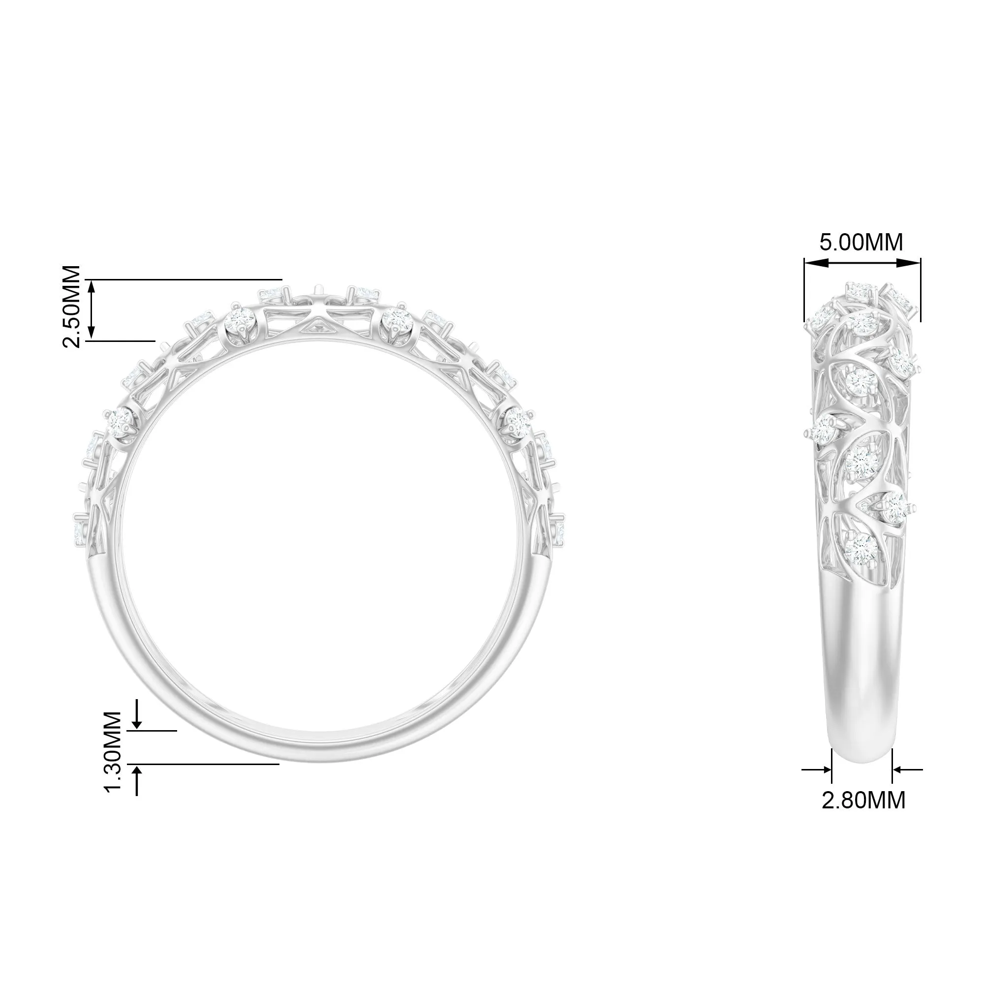 Round Zircon Semi Eternity Band Ring with Gold Filigree Details