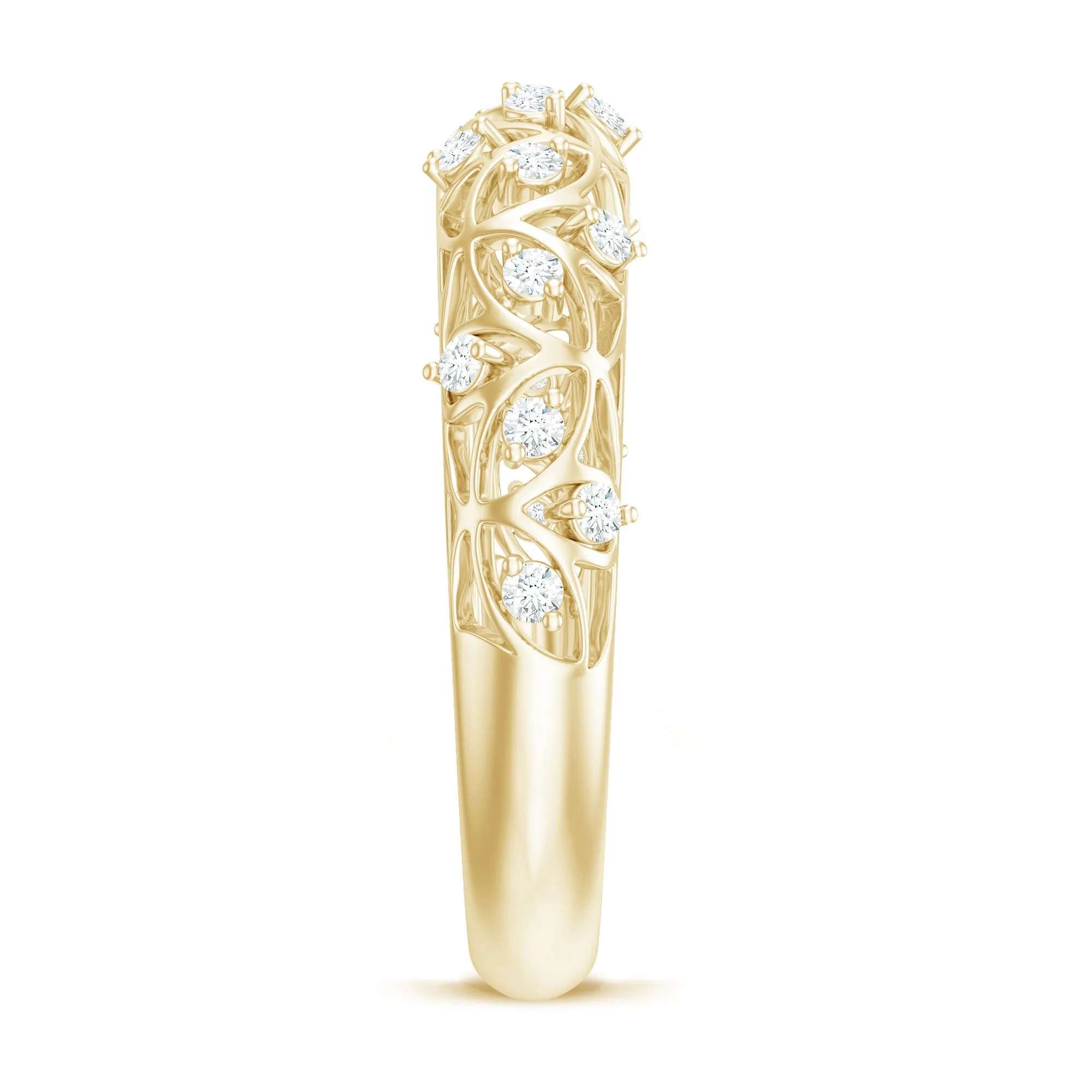 Round Zircon Semi Eternity Band Ring with Gold Filigree Details