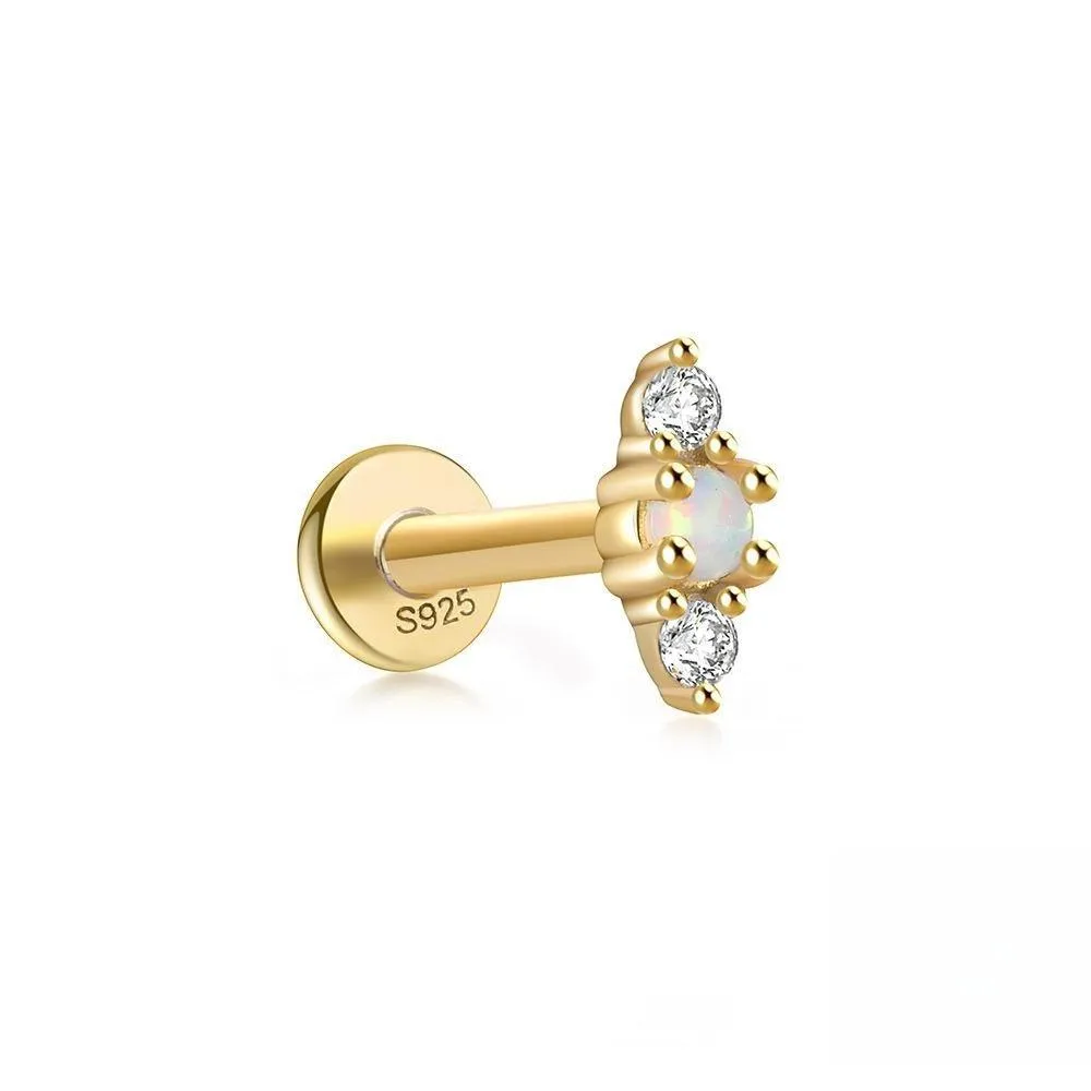 S925 Sterling Silver Opal Flat Head Internal Thread Piercing Cartilage Stud Earrings