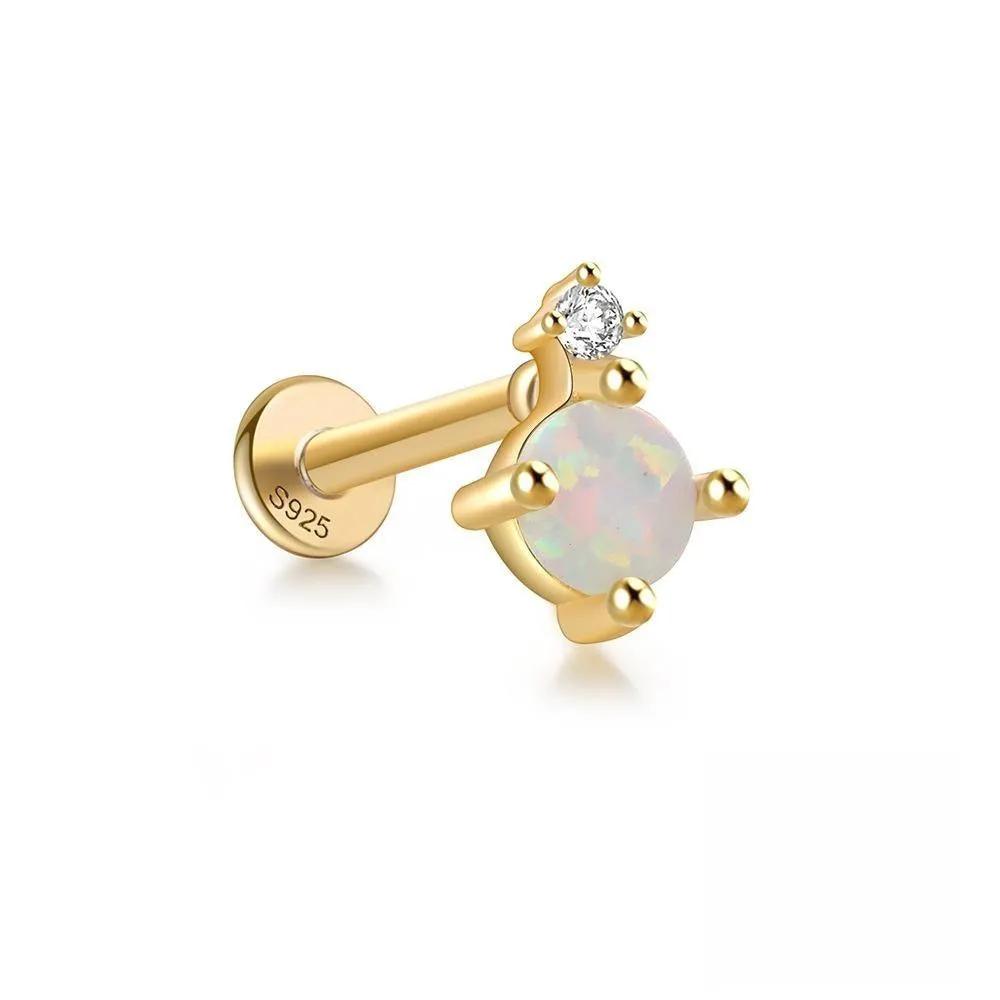 S925 Sterling Silver Opal Flat Head Internal Thread Piercing Cartilage Stud Earrings