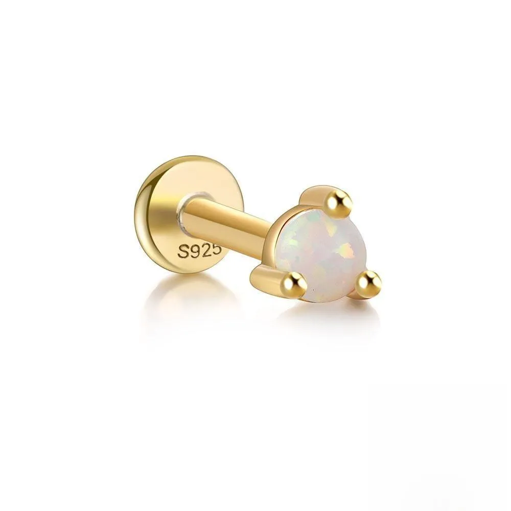 S925 Sterling Silver Opal Flat Head Internal Thread Piercing Cartilage Stud Earrings
