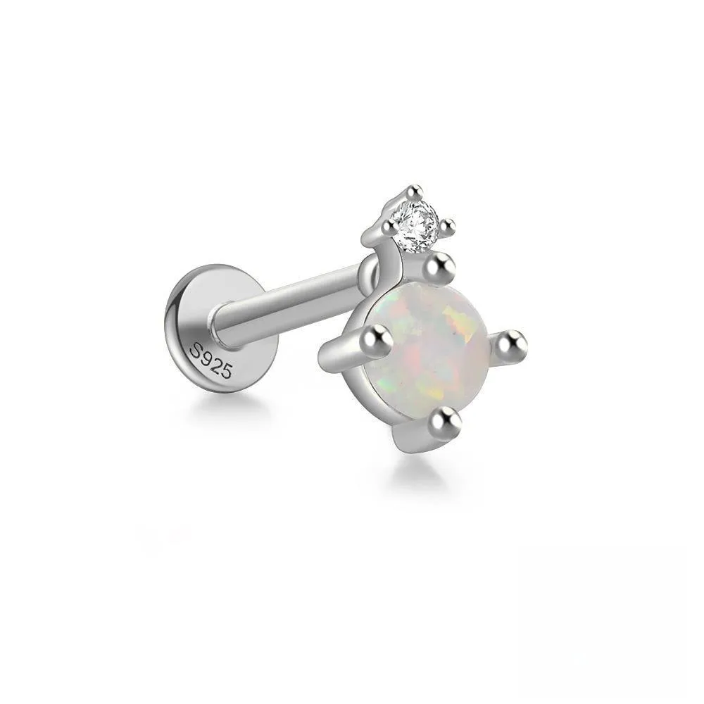 S925 Sterling Silver Opal Flat Head Internal Thread Piercing Cartilage Stud Earrings