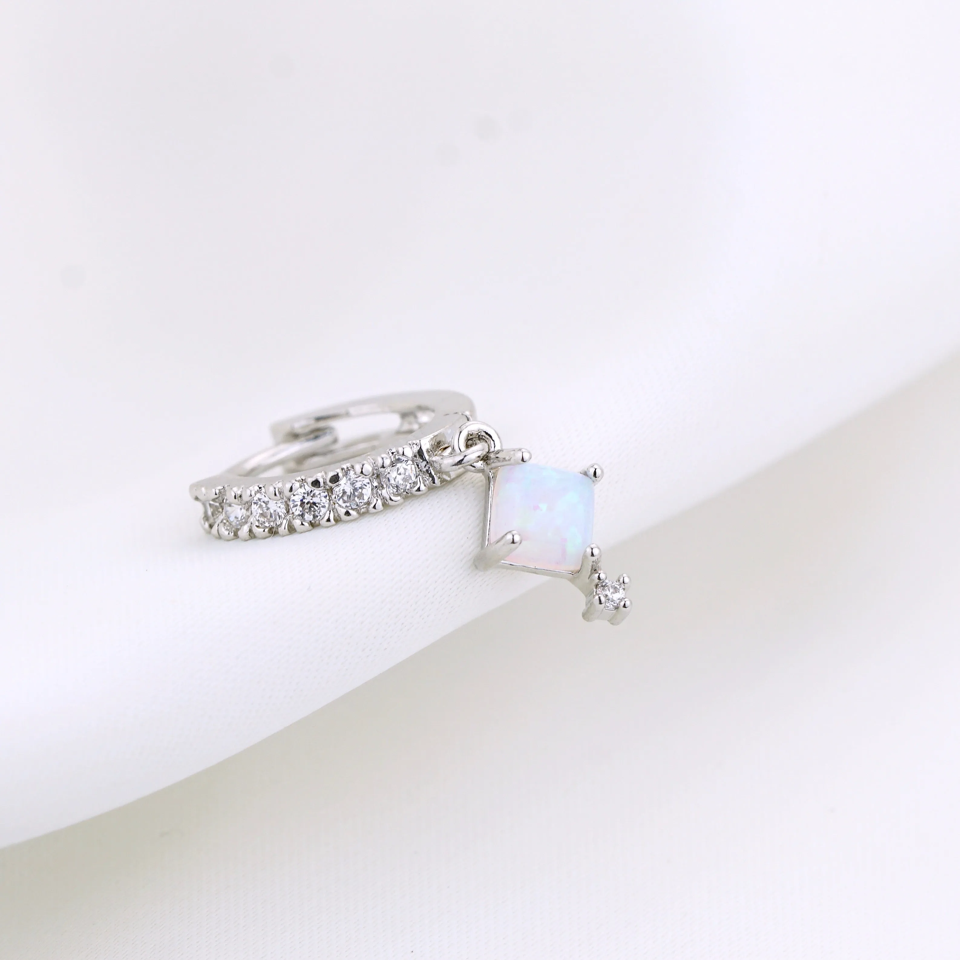 Silver Cubic Opal Sparkling Hoop Earring