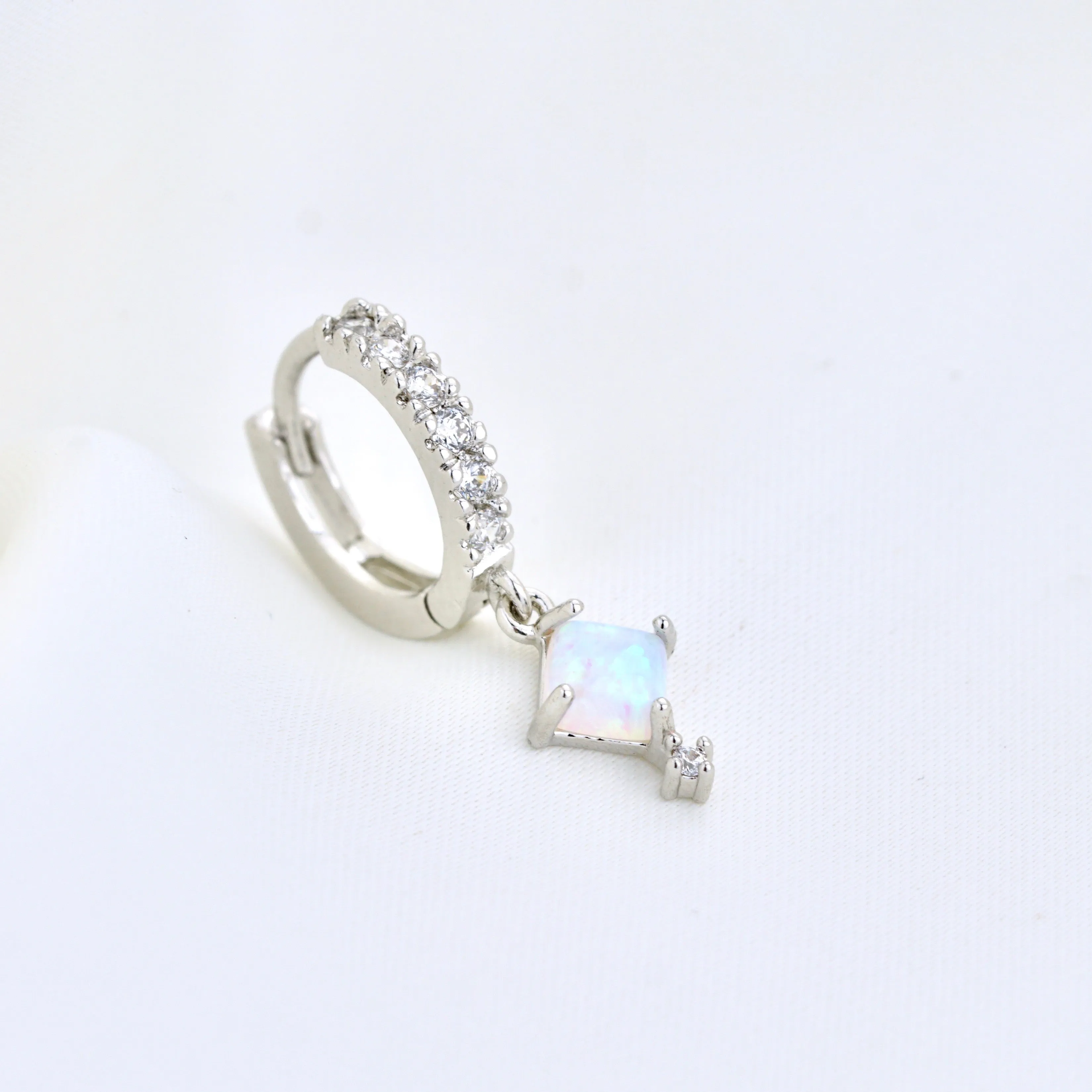 Silver Cubic Opal Sparkling Hoop Earring