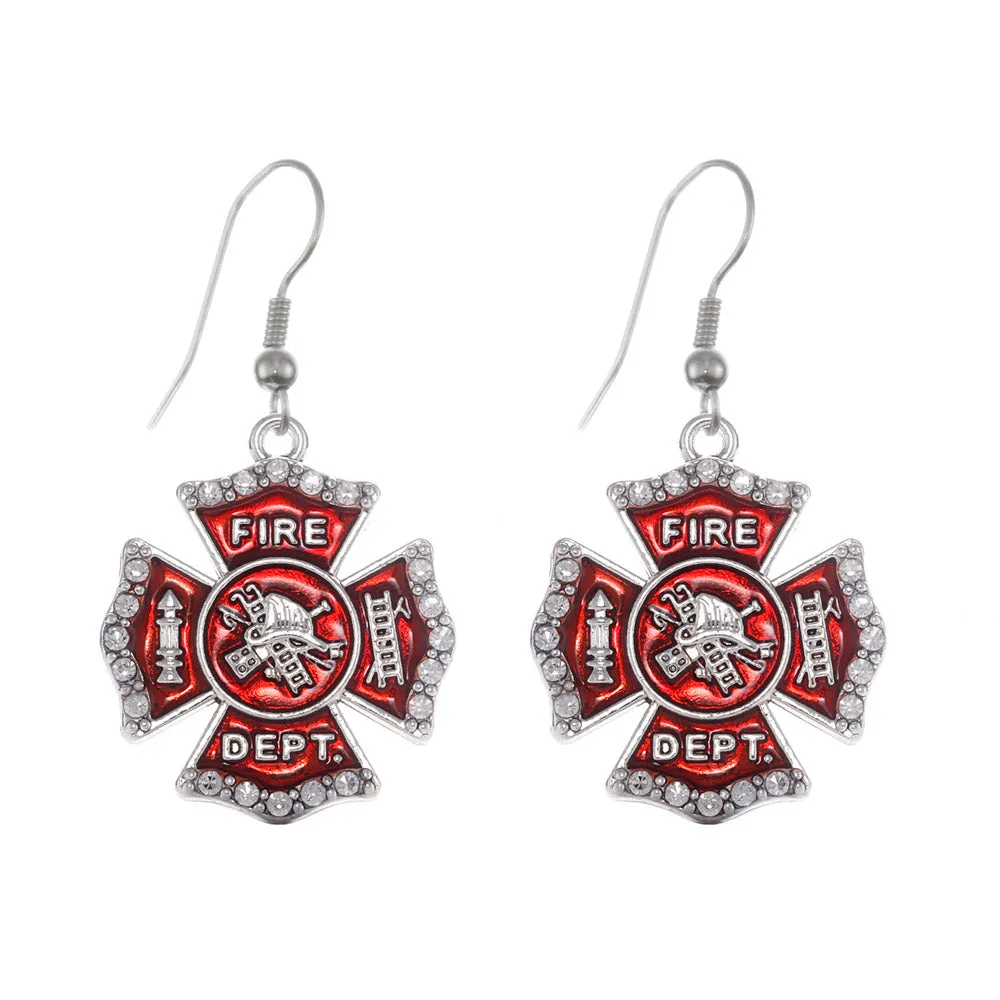 Silver Firefighter Badge Charm Dangle Earrings