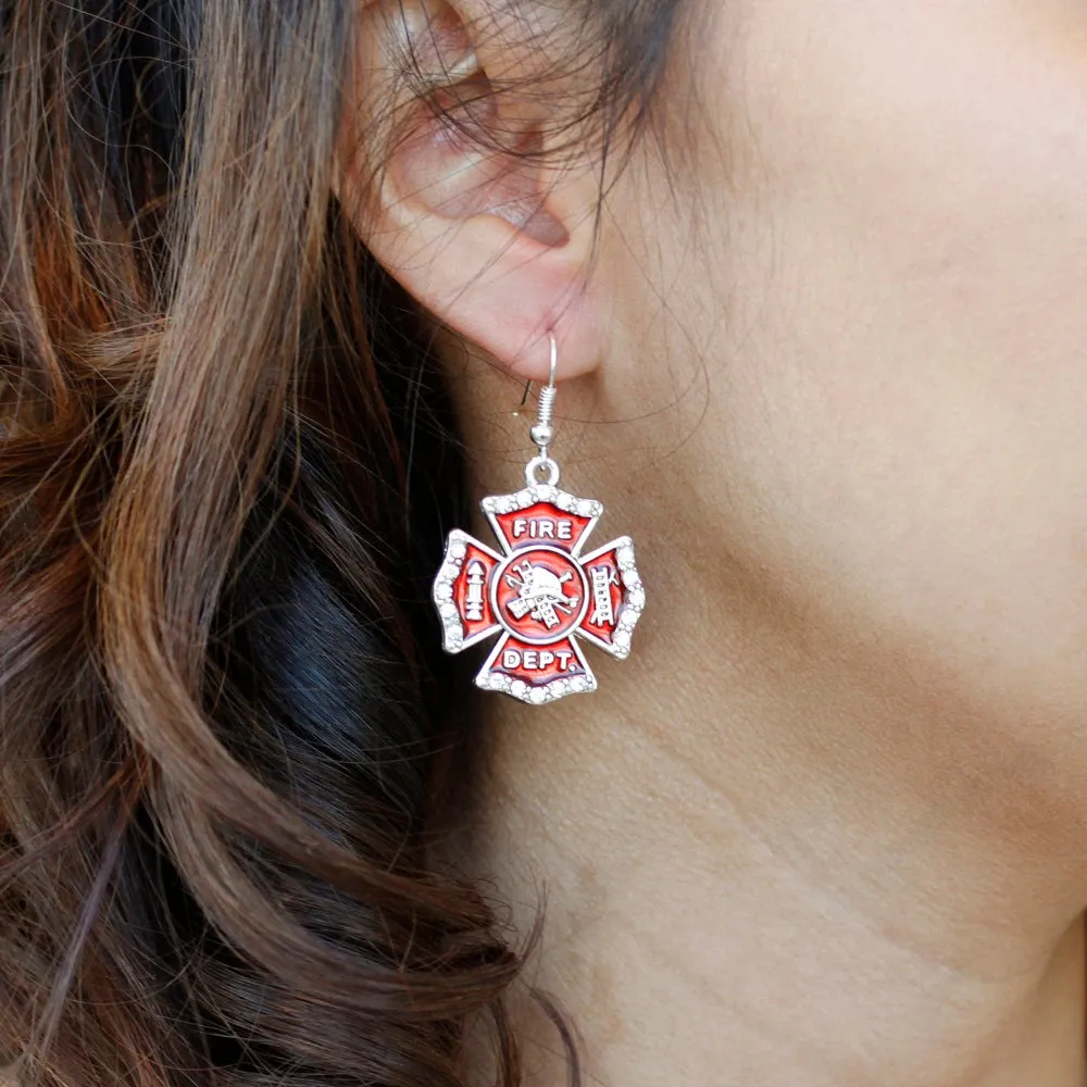 Silver Firefighter Badge Charm Dangle Earrings