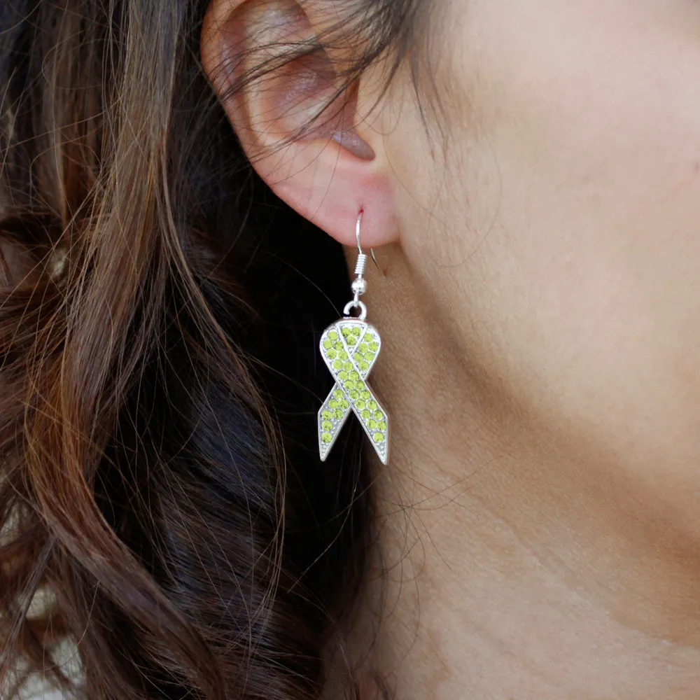 Silver Green Ribbon Charm Dangle Earrings