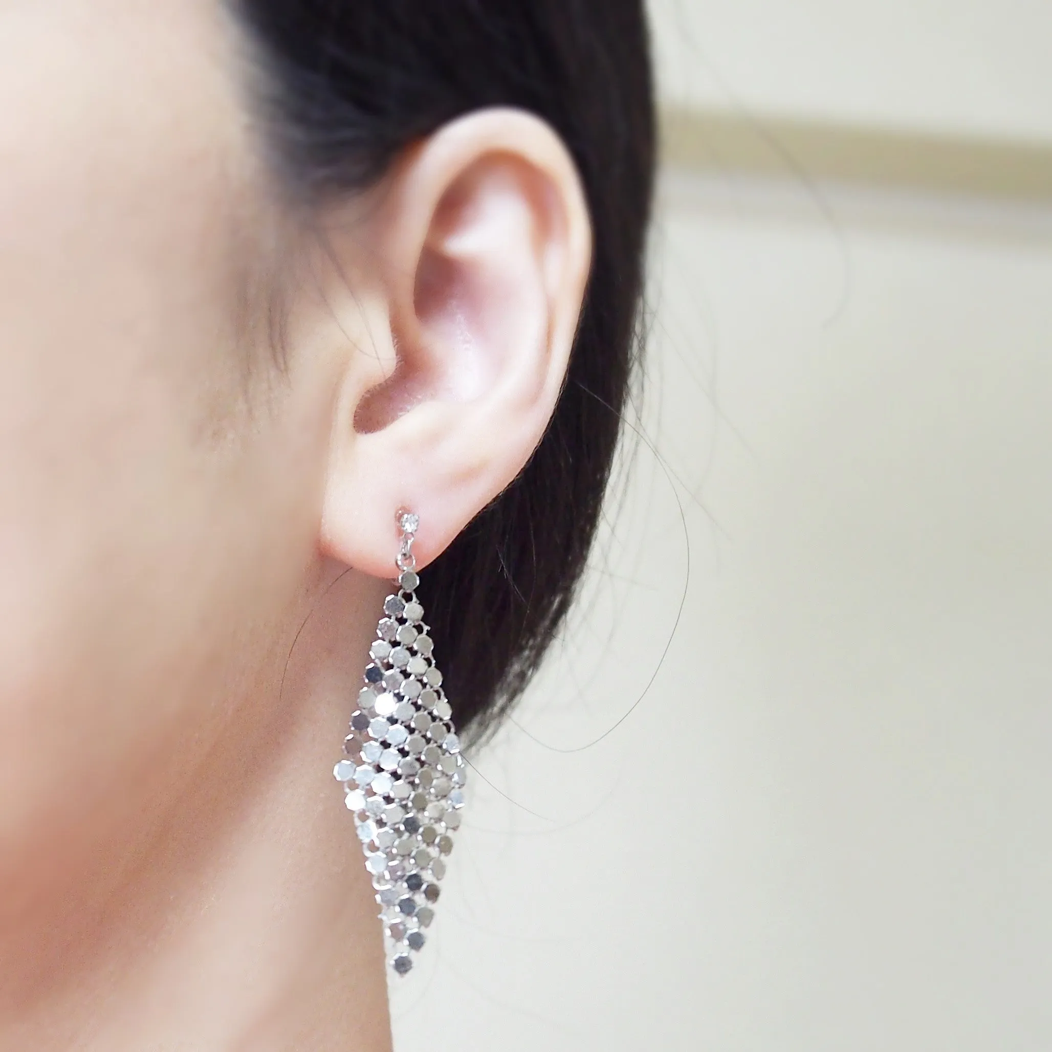 Silver mesh invisible clip on earrings
