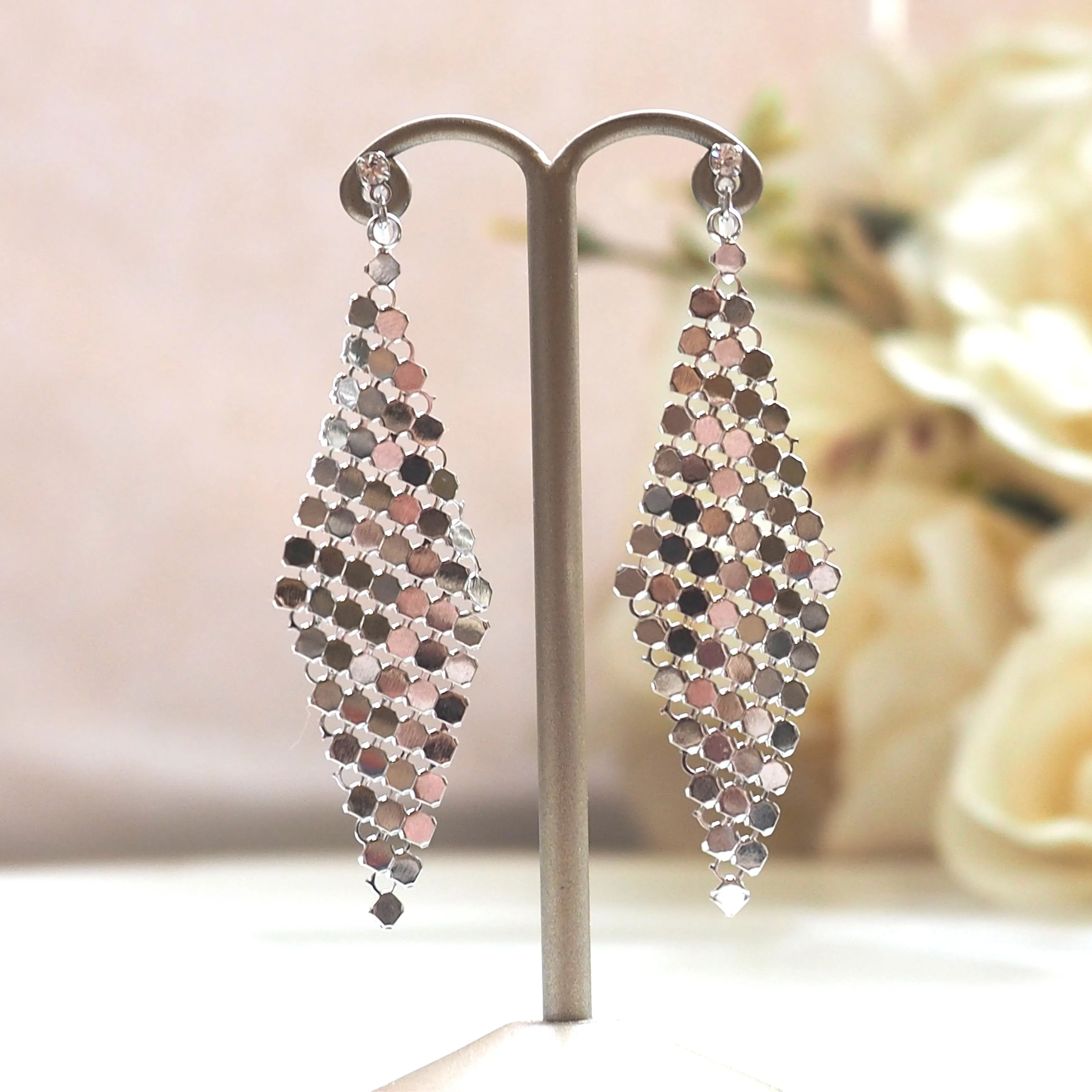 Silver mesh invisible clip on earrings
