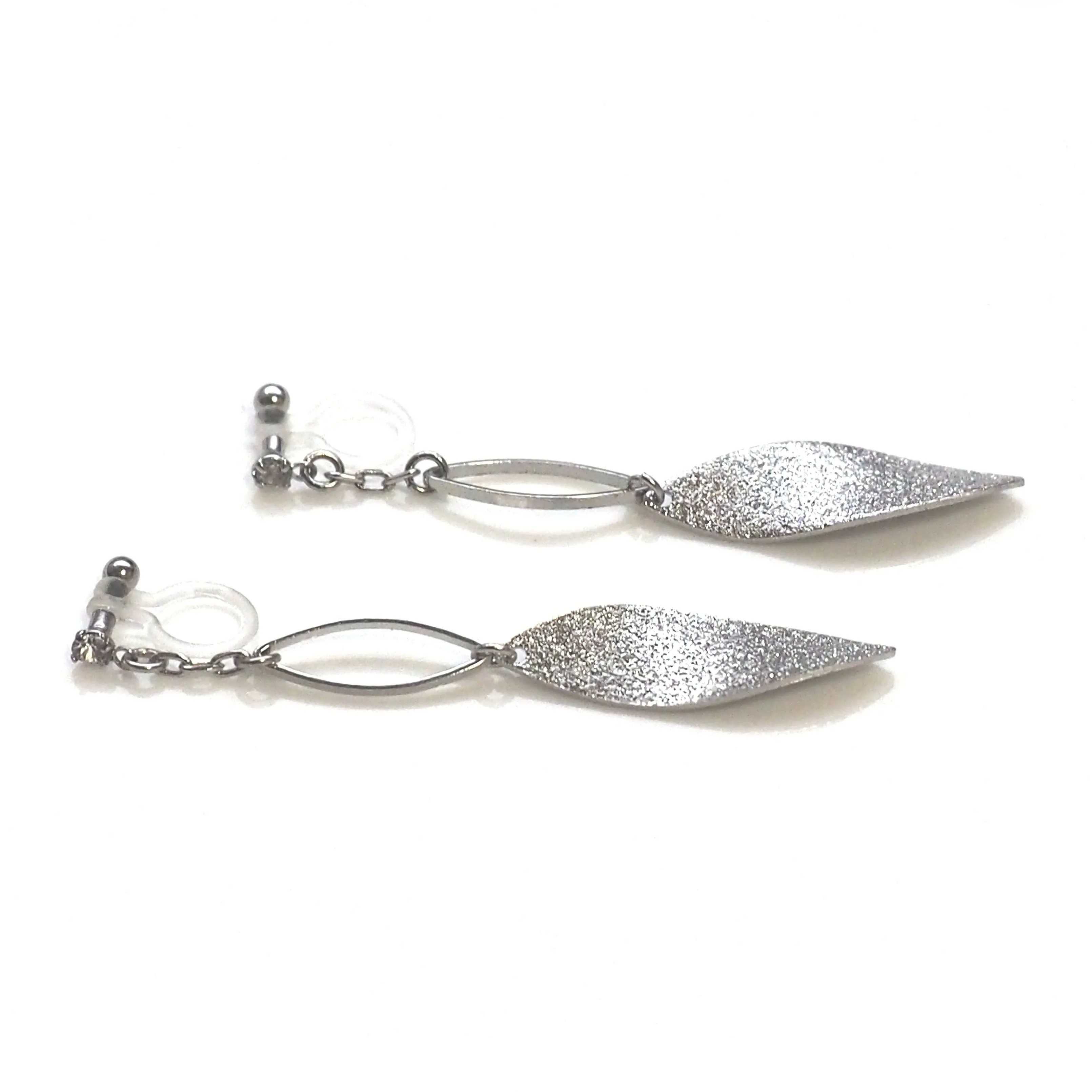 Silver textured metallic leaf invisible clip on earrings