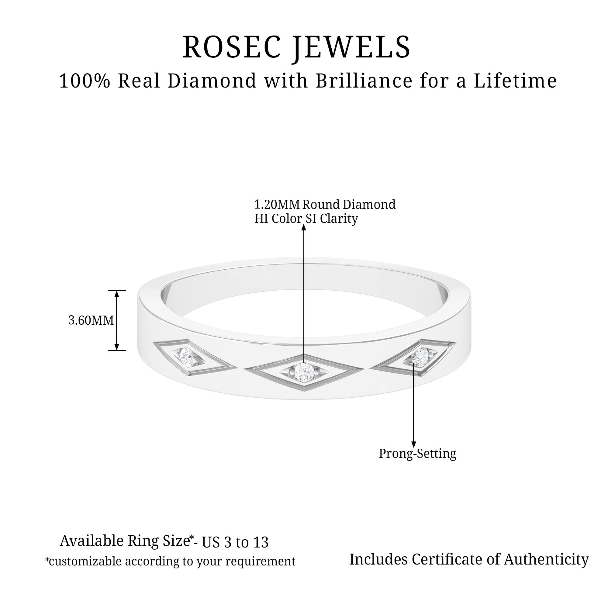 Simple Three Diamond Wedding Band Ring