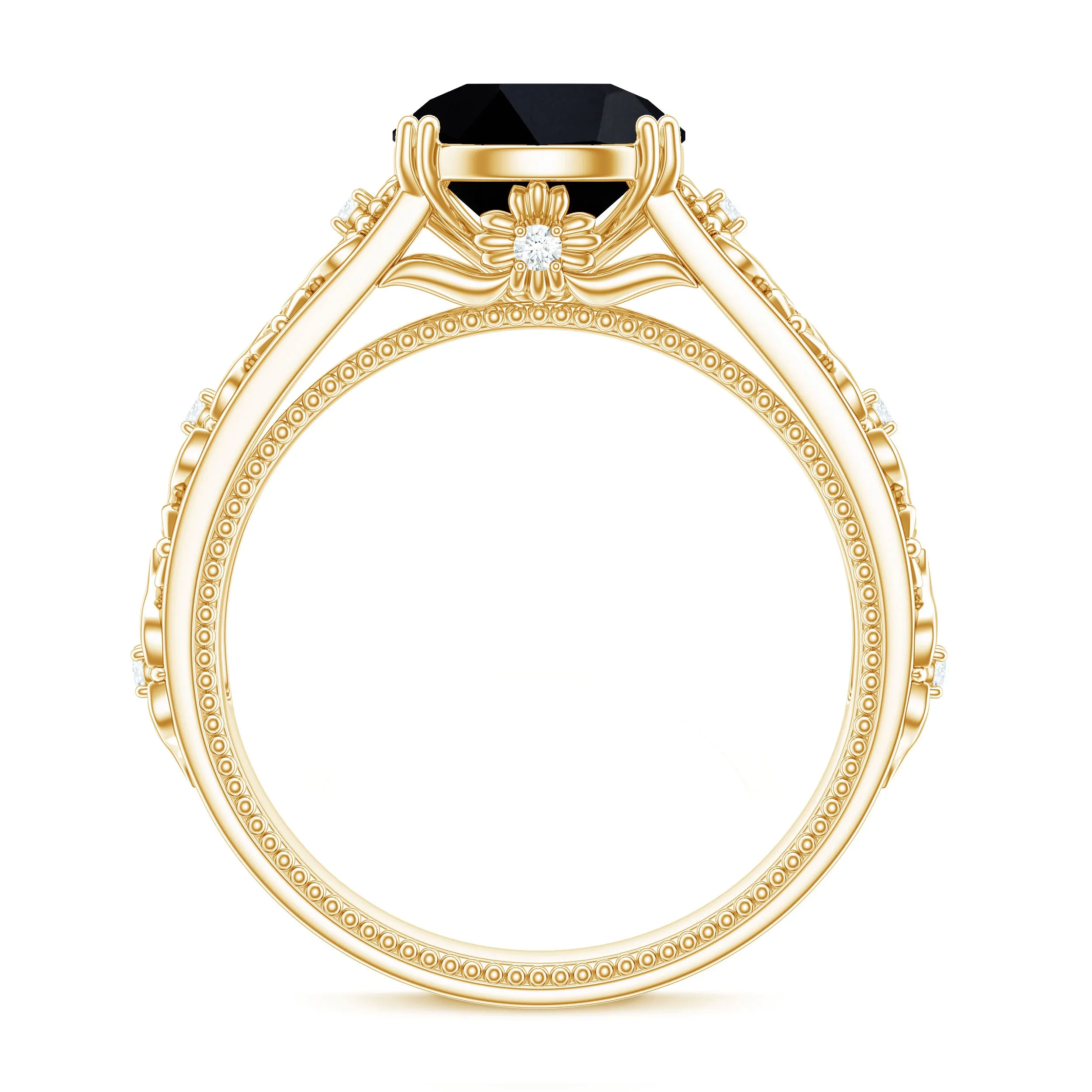Solitaire Black Onyx Flower Engagement Ring with Diamond
