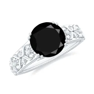 Solitaire Black Onyx Flower Engagement Ring with Diamond