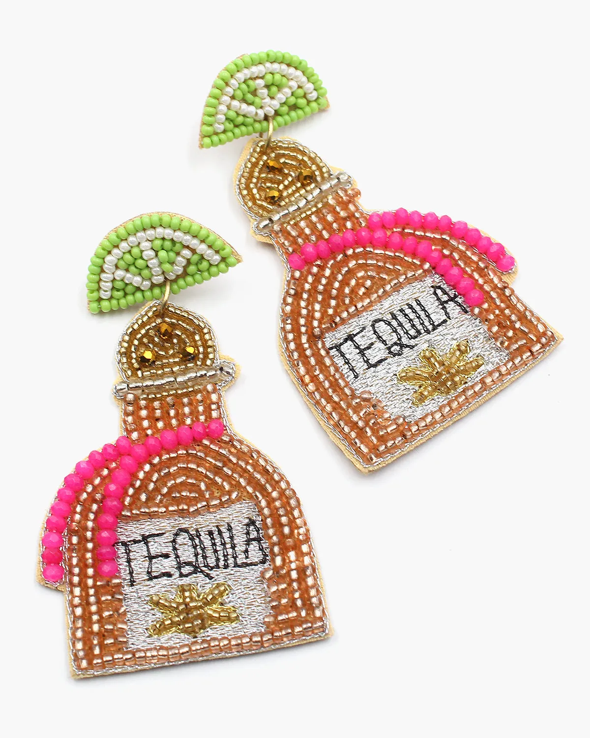Tequila Bottle Beaded Earrings with Lime Slice