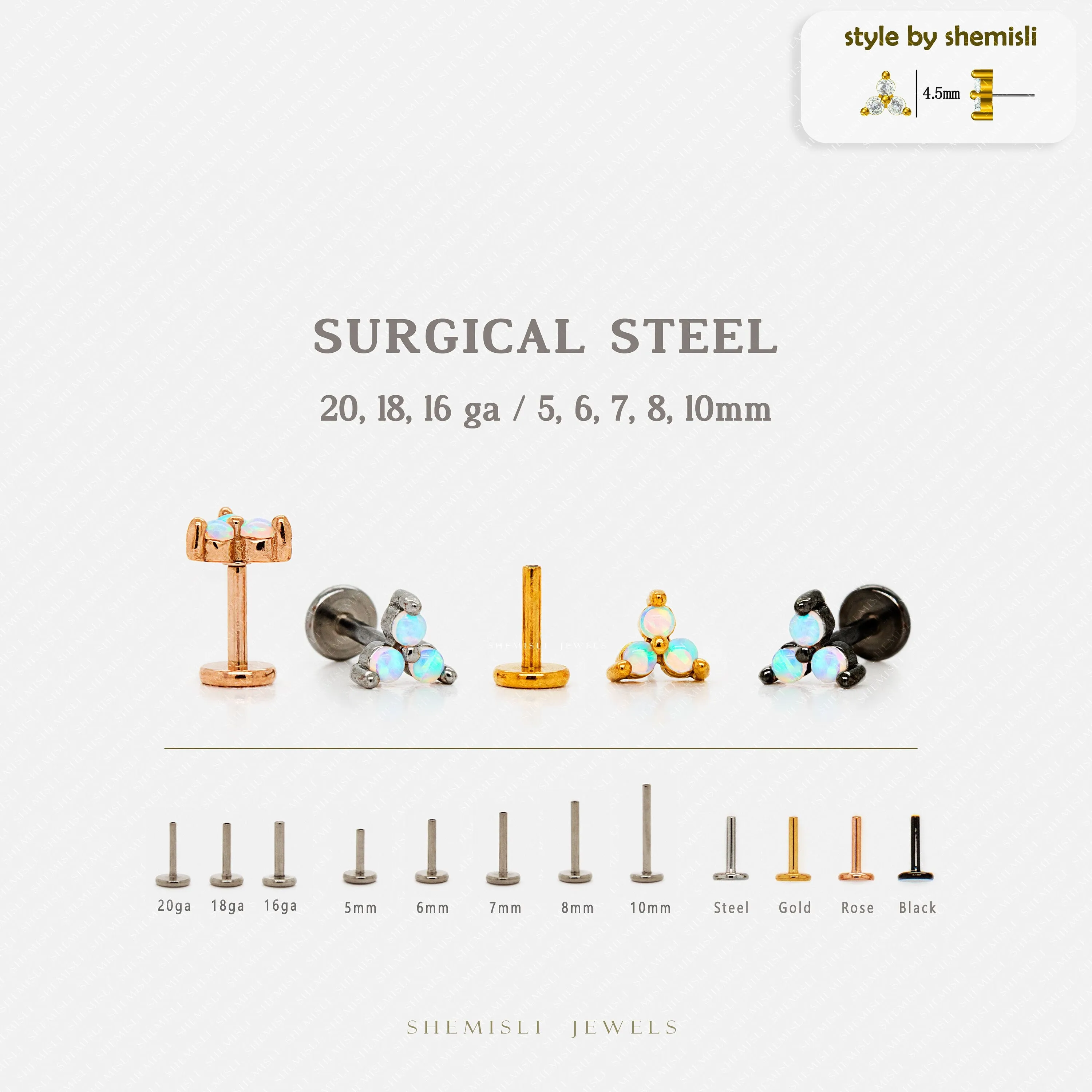 Tiny 3-Petal Opal Flower Threadless Flat Back Nose Stud, 20,18,16ga, 5-10mm, Unisex, Surgical Steel, SHEMISLI SS546