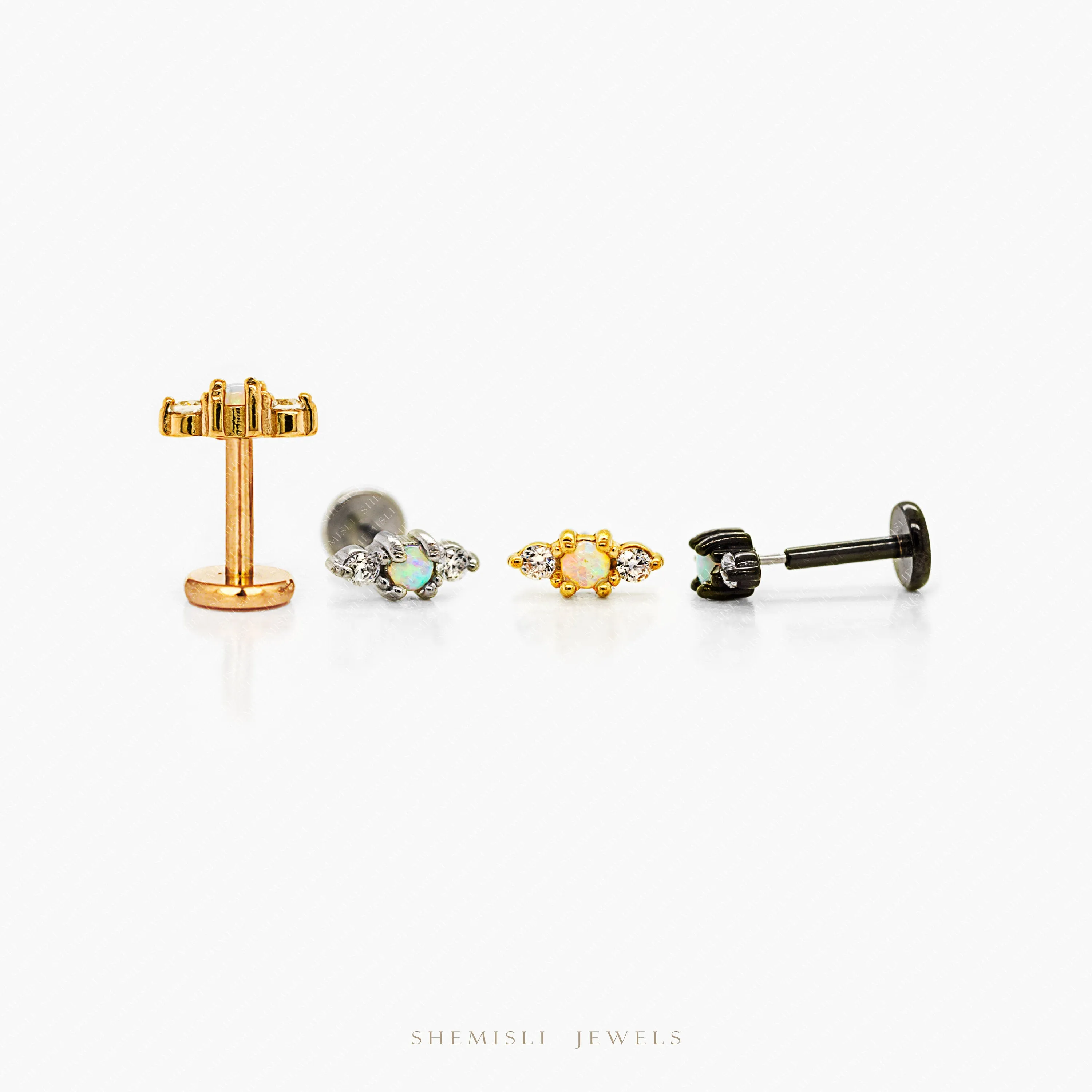 Tiny 3 Stones, Opal and White Stones, Threadless Flat Back Tragus Stud, 20,18,16ga, 5-10mm Unisex, Surgical Steel SHEMISLI SS895