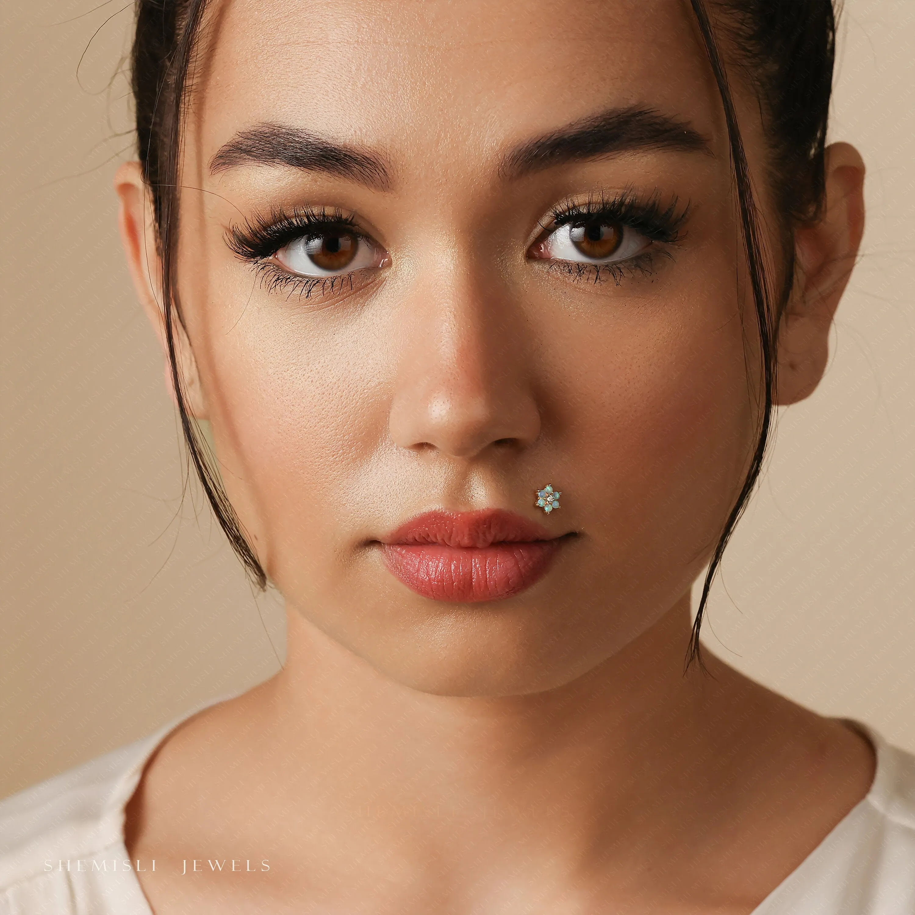 Tiny 6 Petal Opal Stone Threadless Flat Back Lip Labret Stud, 18,16ga, 6-10mm, Unisex, Surgical Steel, SHEMISLI SS559