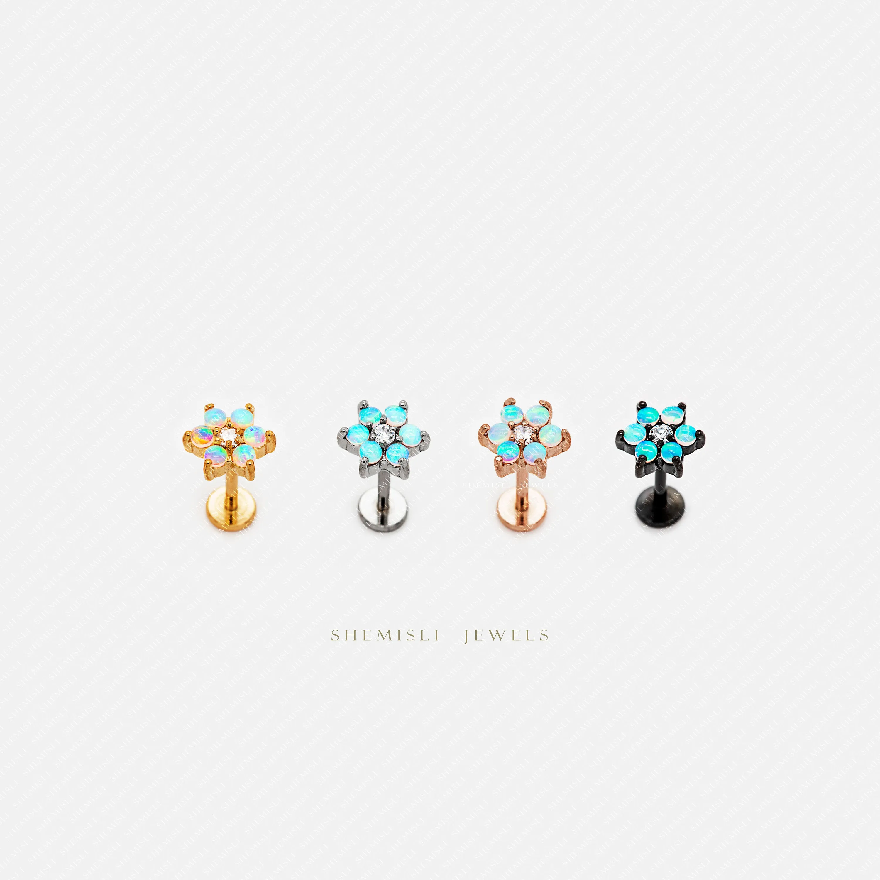 Tiny 6 Petal Opal Stone Threadless Flat Back Lip Labret Stud, 18,16ga, 6-10mm, Unisex, Surgical Steel, SHEMISLI SS559