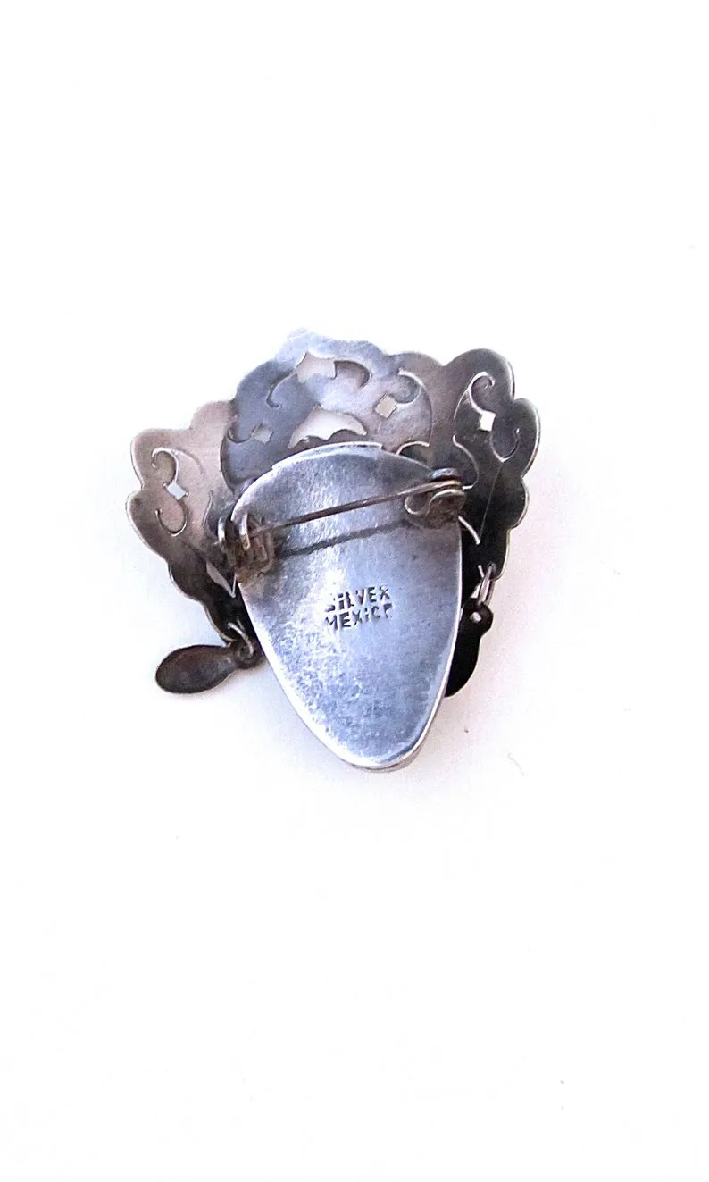 TRIBAL RULES 1950s Mexican Silver & Green Onyx Aztec Face Mask Brooch