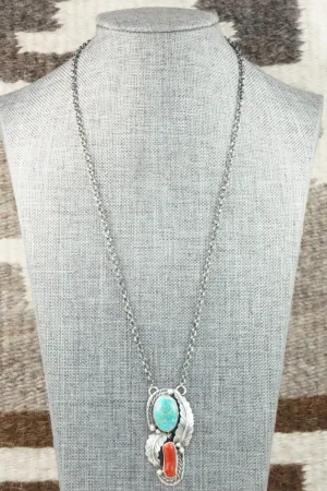 Turquoise, Coral & Sterling Silver Necklace - Betta Lee