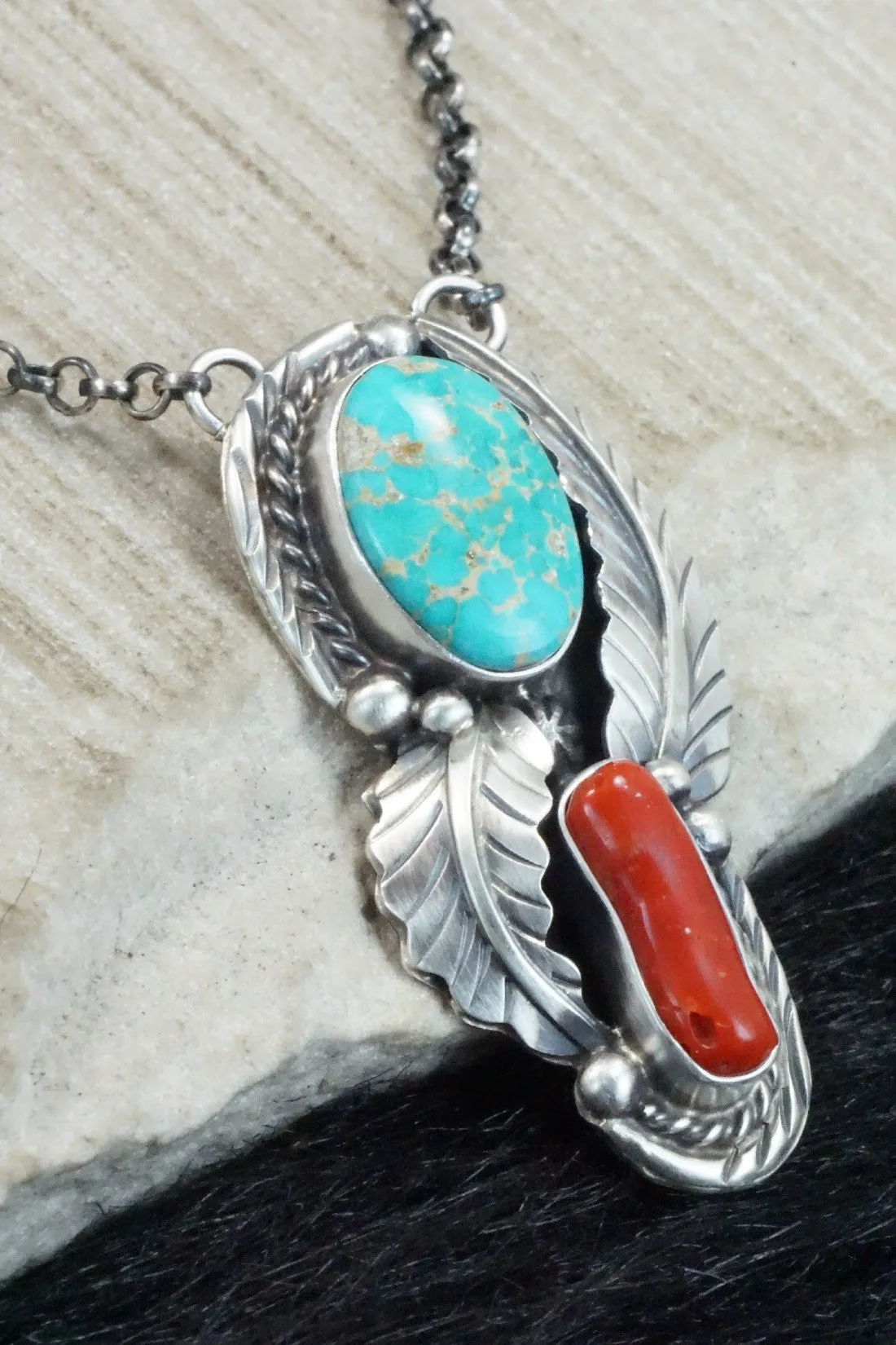 Turquoise, Coral & Sterling Silver Necklace - Betta Lee