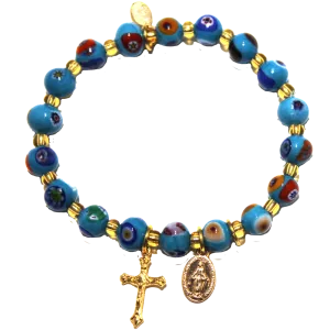 Turquoise Genuine Murano Gold Tone Stretch Bracelet with Millefiori Beads, Miraculous Medal and Crucifix