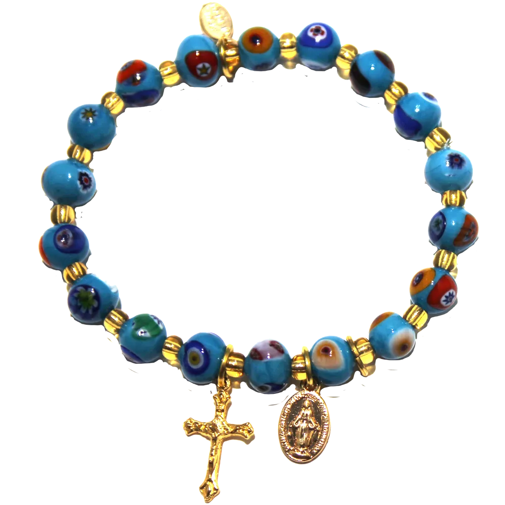 Turquoise Genuine Murano Gold Tone Stretch Bracelet with Millefiori Beads, Miraculous Medal and Crucifix