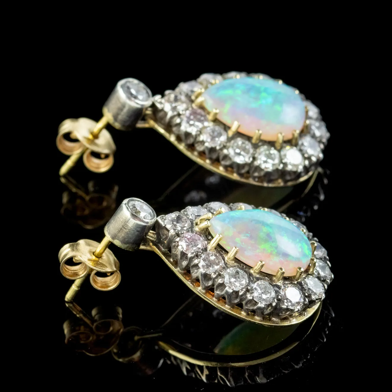Victorian Style Pear Cut Opal Diamond Earrings Silver 14ct Gold 6ct Of Opal 3.10ct Of Diamond