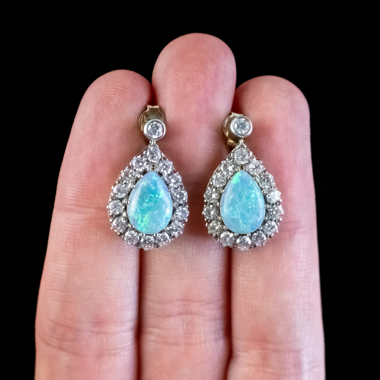 Victorian Style Pear Cut Opal Diamond Earrings Silver 14ct Gold 6ct Of Opal 3.10ct Of Diamond