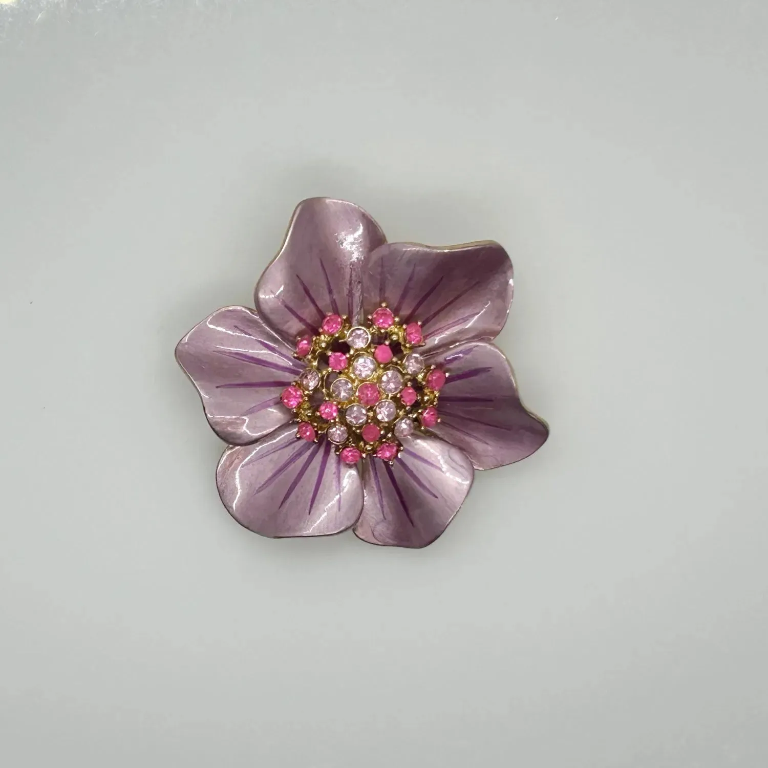 Vintage 1960's Enameled Pink Floral Rhinestone Brooch