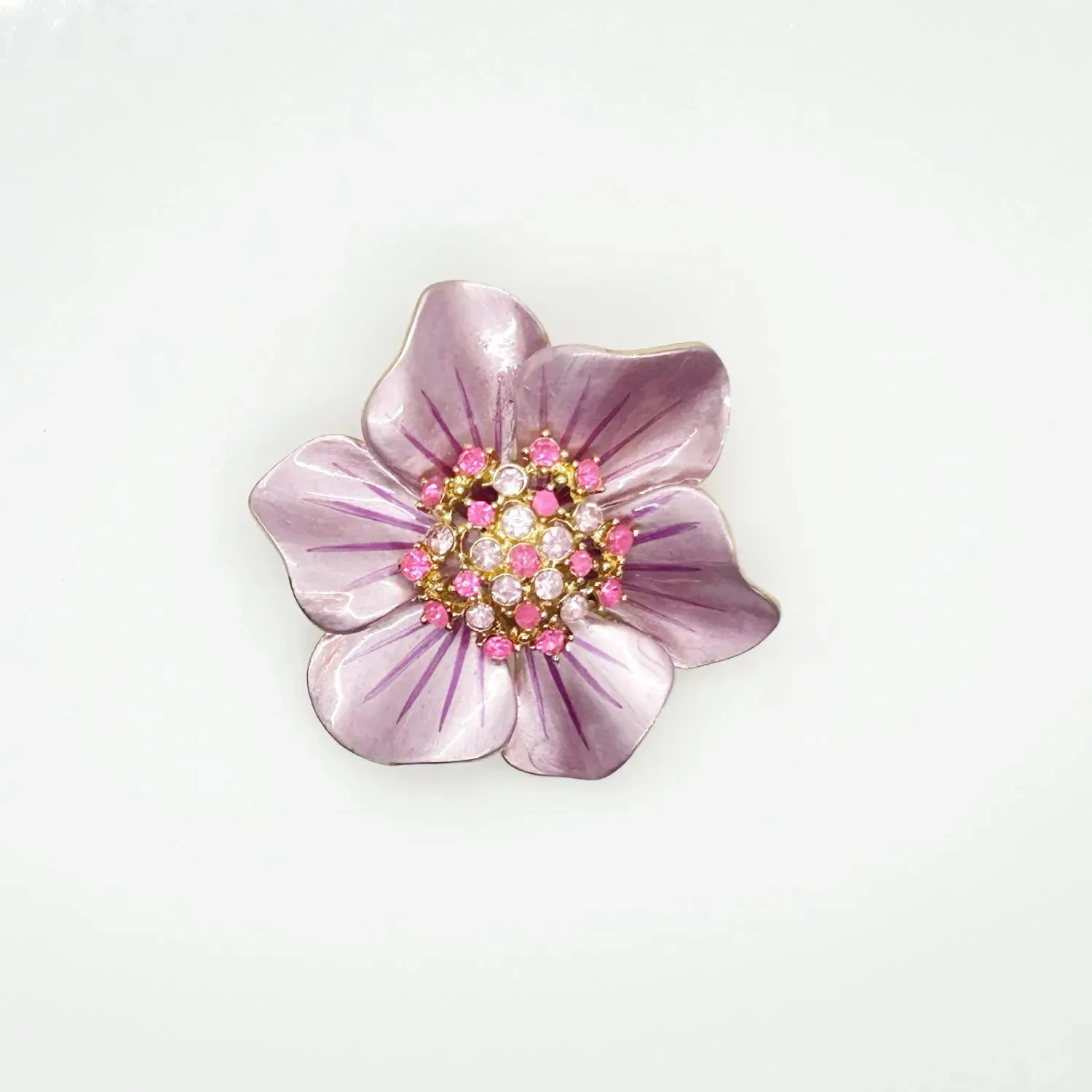 Vintage 1960's Enameled Pink Floral Rhinestone Brooch