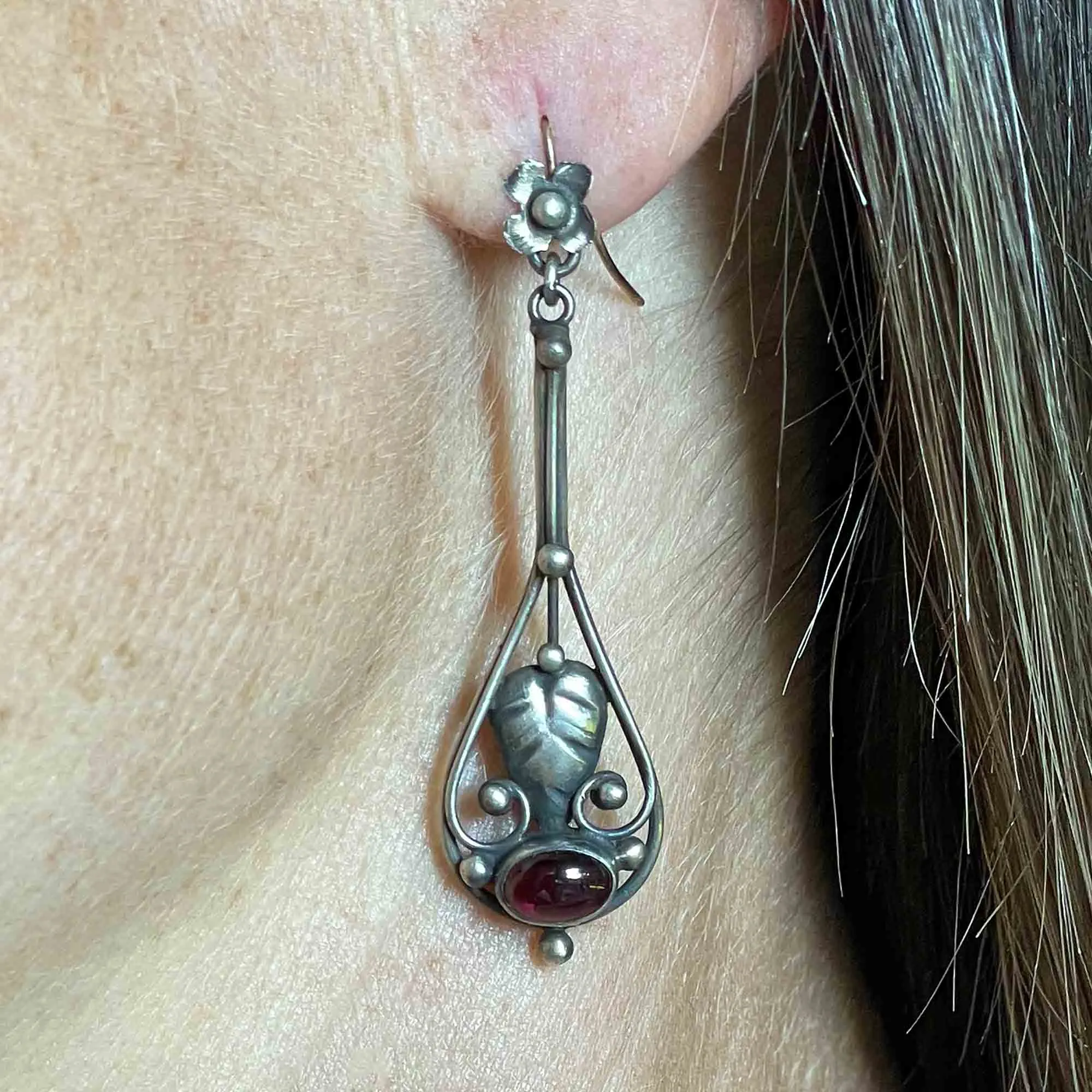 Vintage Arts and Crafts Silver Garnet Cabochon Earrings