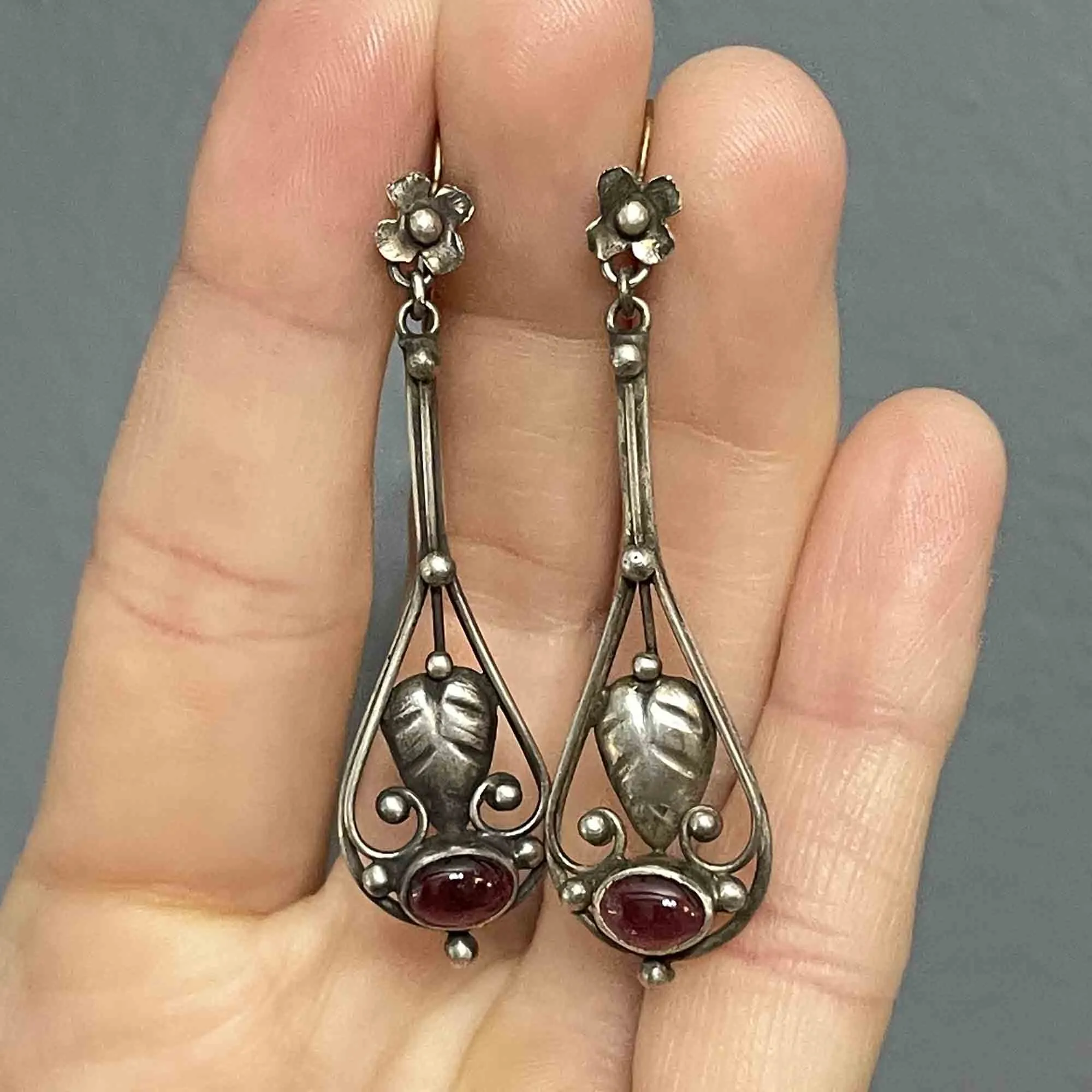 Vintage Arts and Crafts Silver Garnet Cabochon Earrings