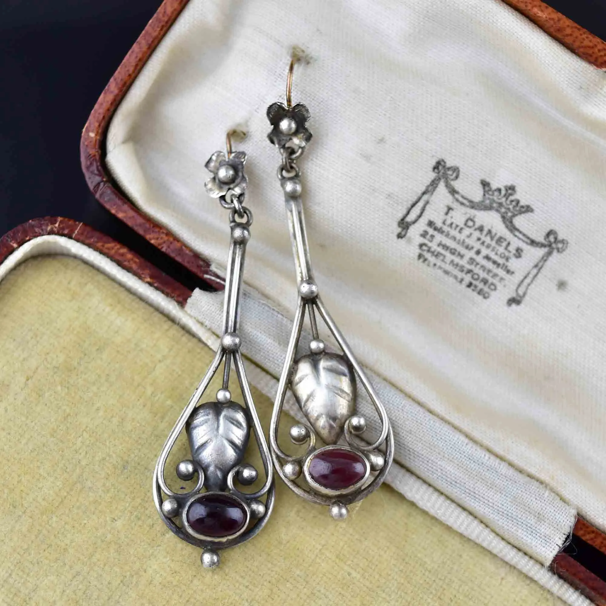 Vintage Arts and Crafts Silver Garnet Cabochon Earrings
