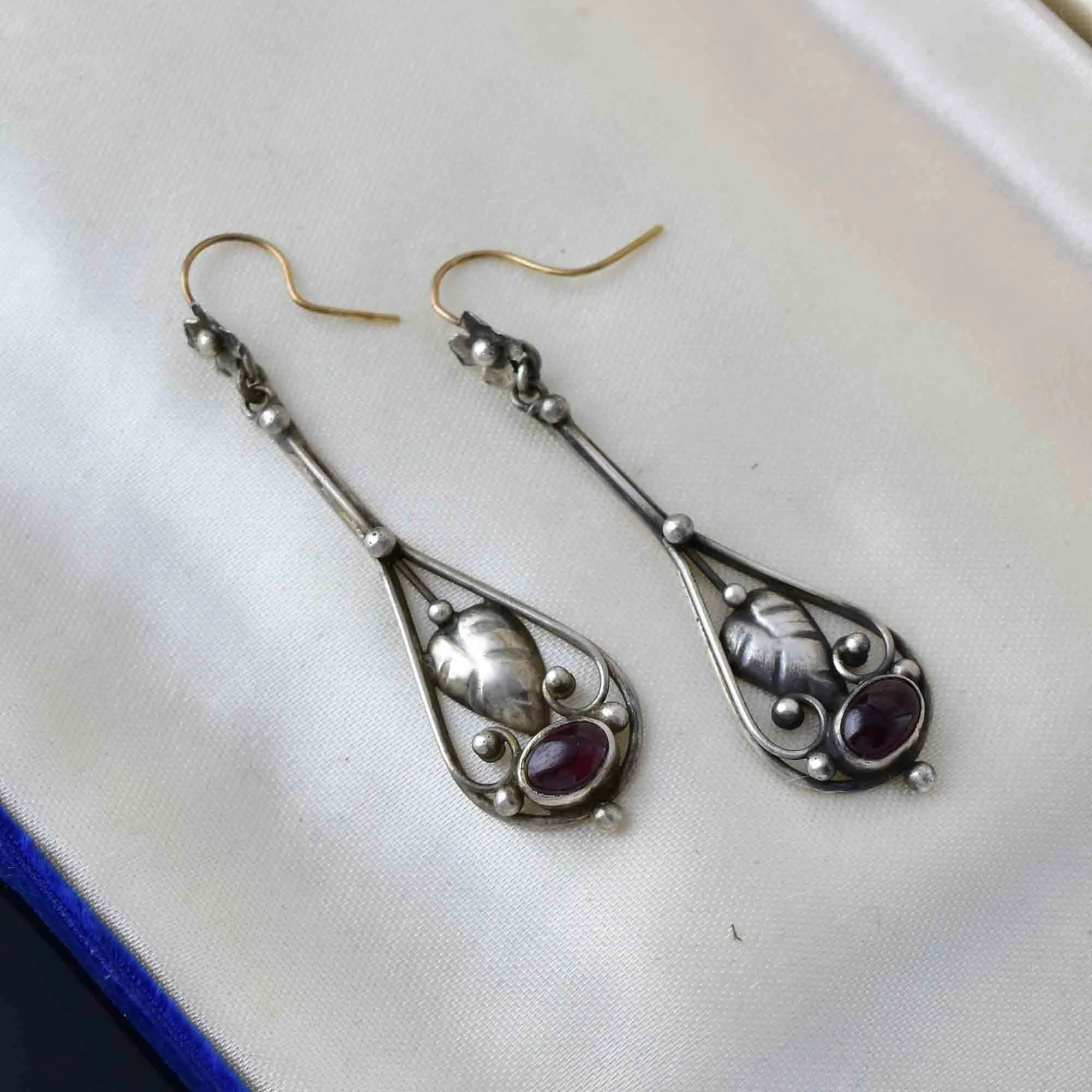 Vintage Arts and Crafts Silver Garnet Cabochon Earrings