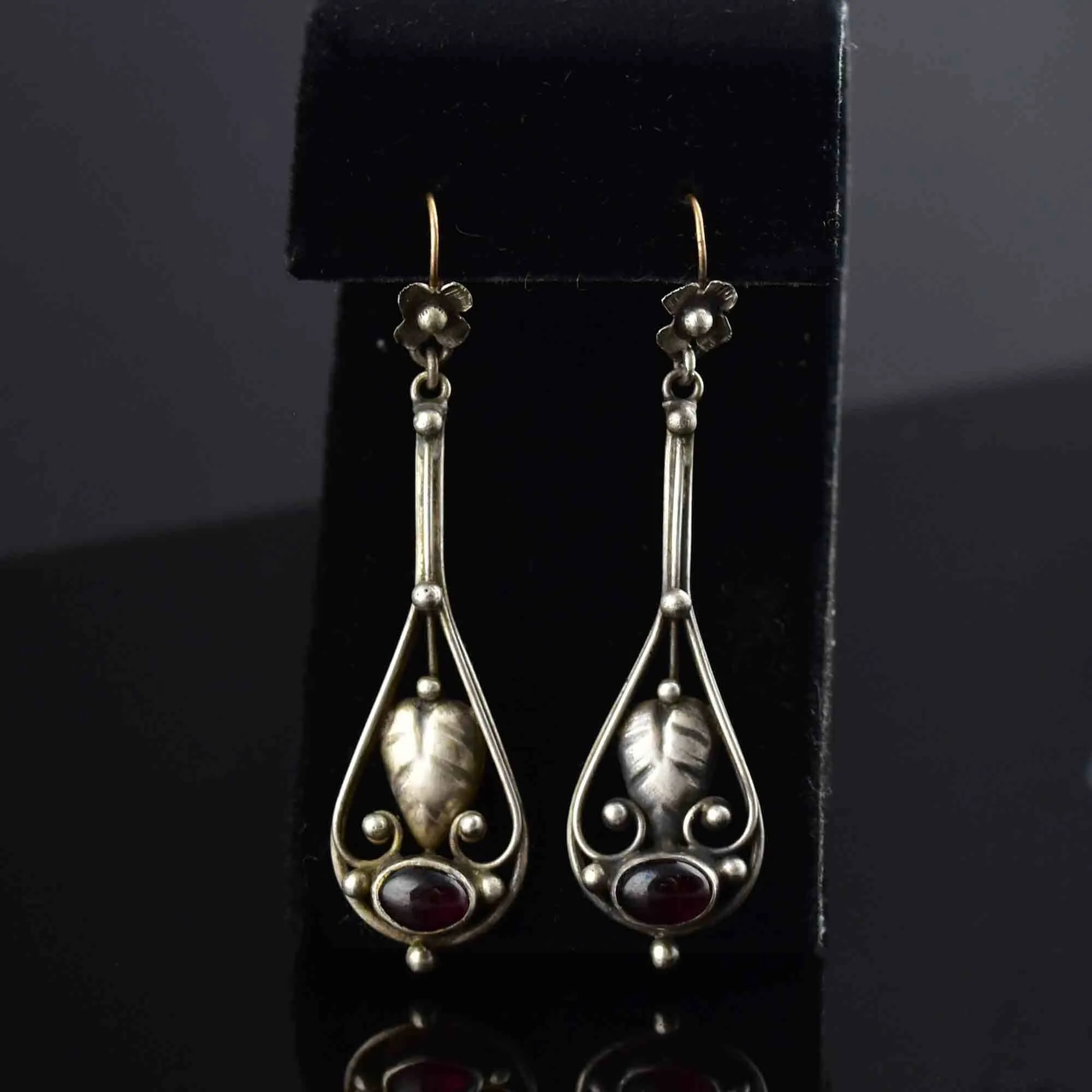Vintage Arts and Crafts Silver Garnet Cabochon Earrings