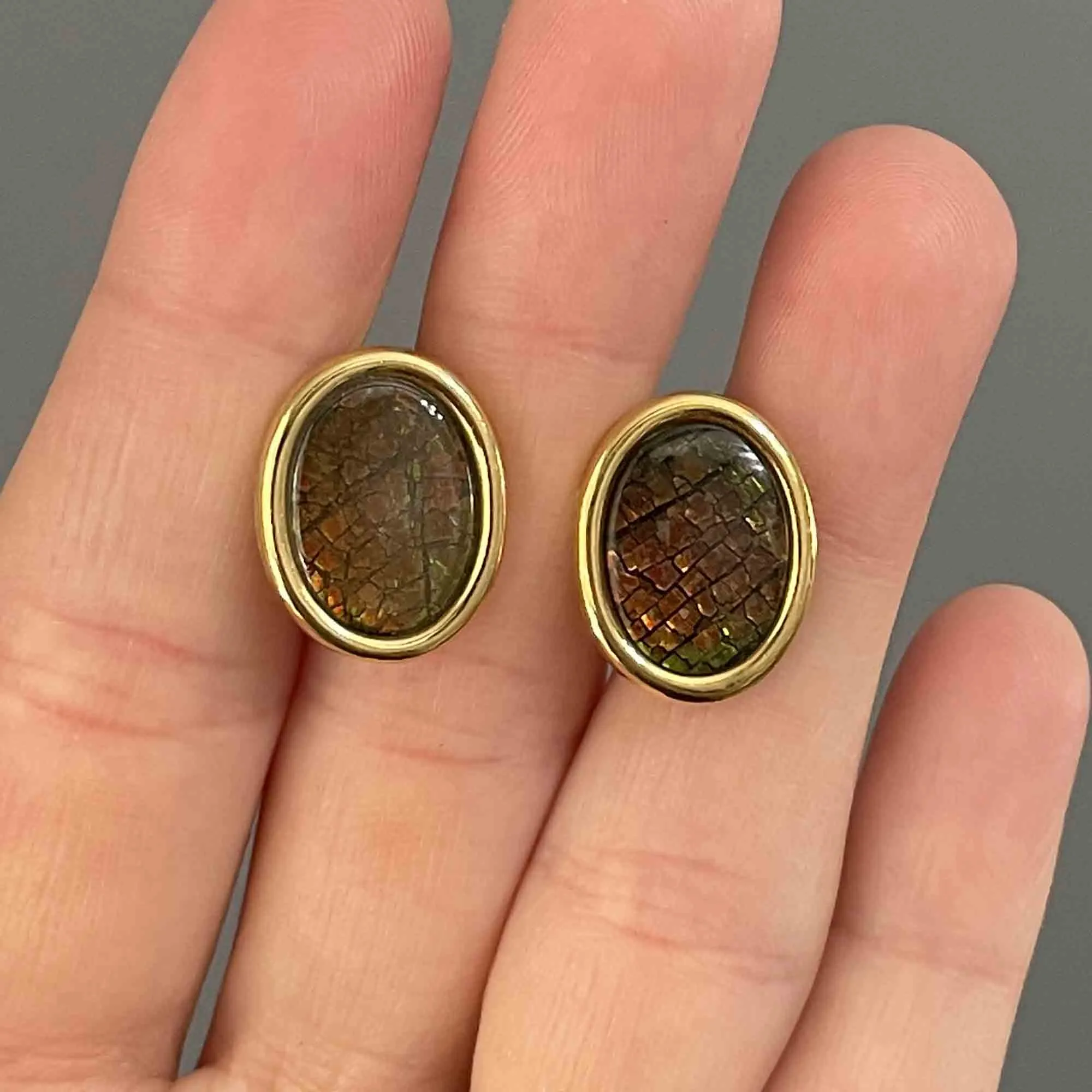 Vintage Gold Fill Ammolite Cabochon Earrings