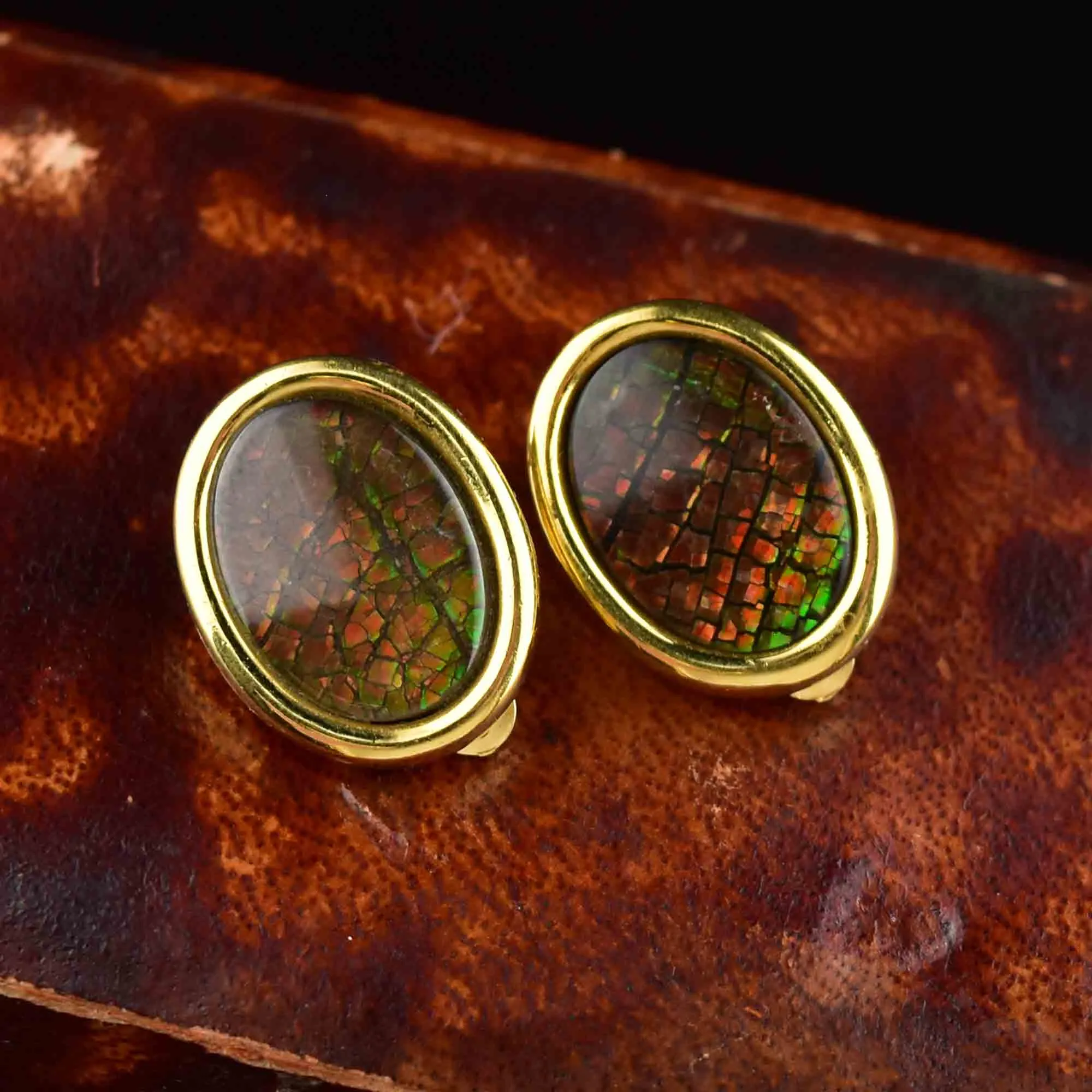 Vintage Gold Fill Ammolite Cabochon Earrings