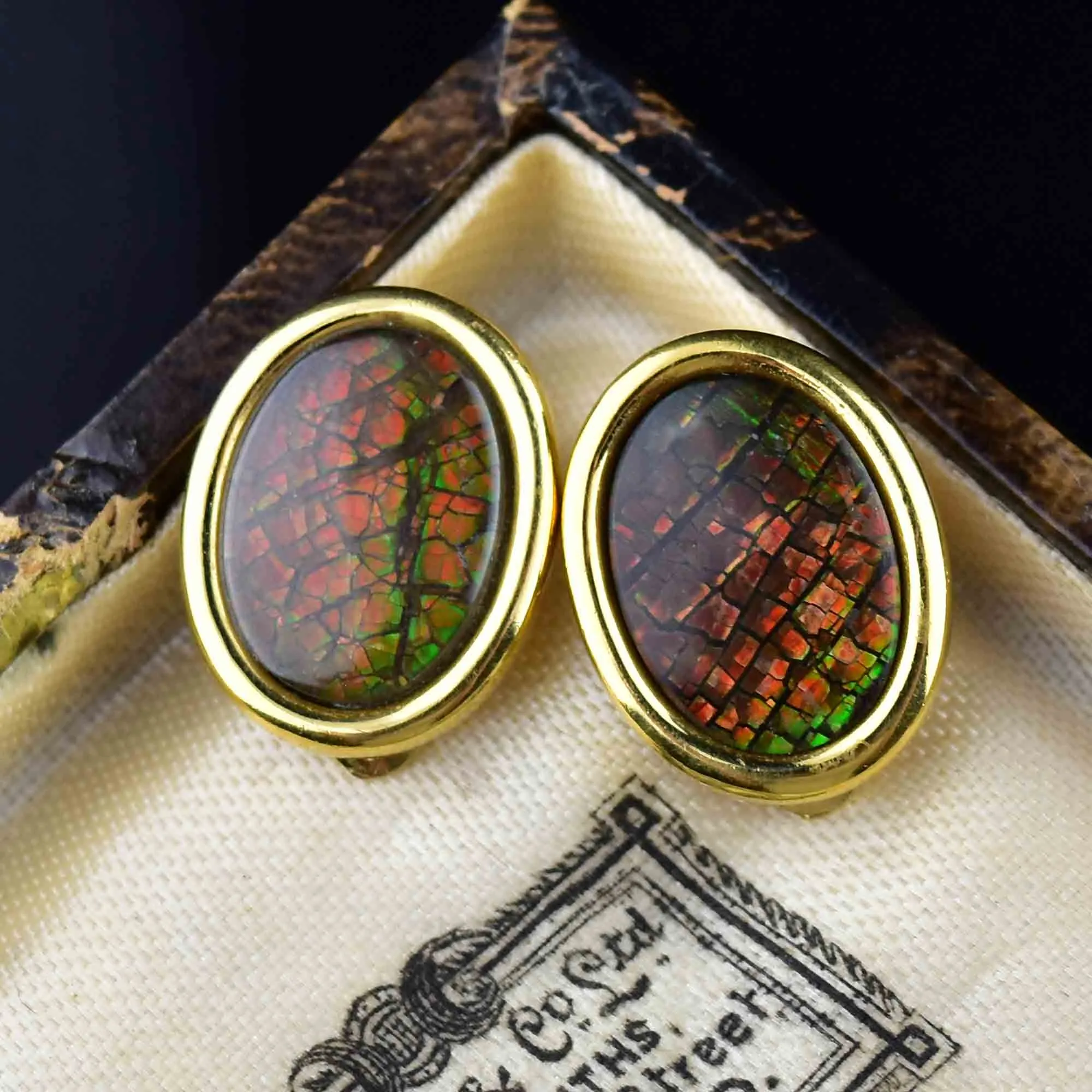 Vintage Gold Fill Ammolite Cabochon Earrings